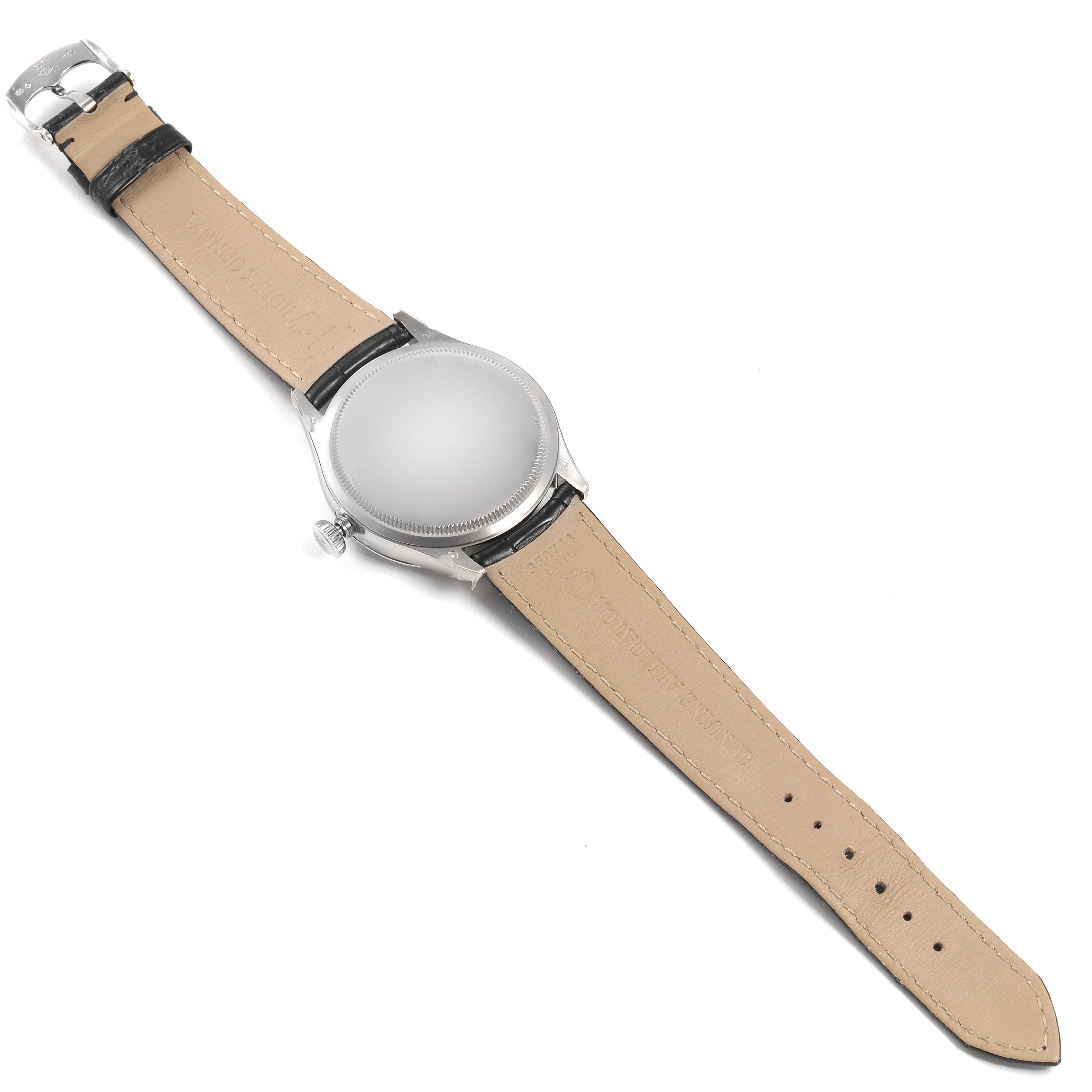 This image shows the back and strap of a Rolex Cellini 50509 Men
s White Gold White Dial 50509 Men
s White Gold White Dial watch, viewed from a top-down angle.