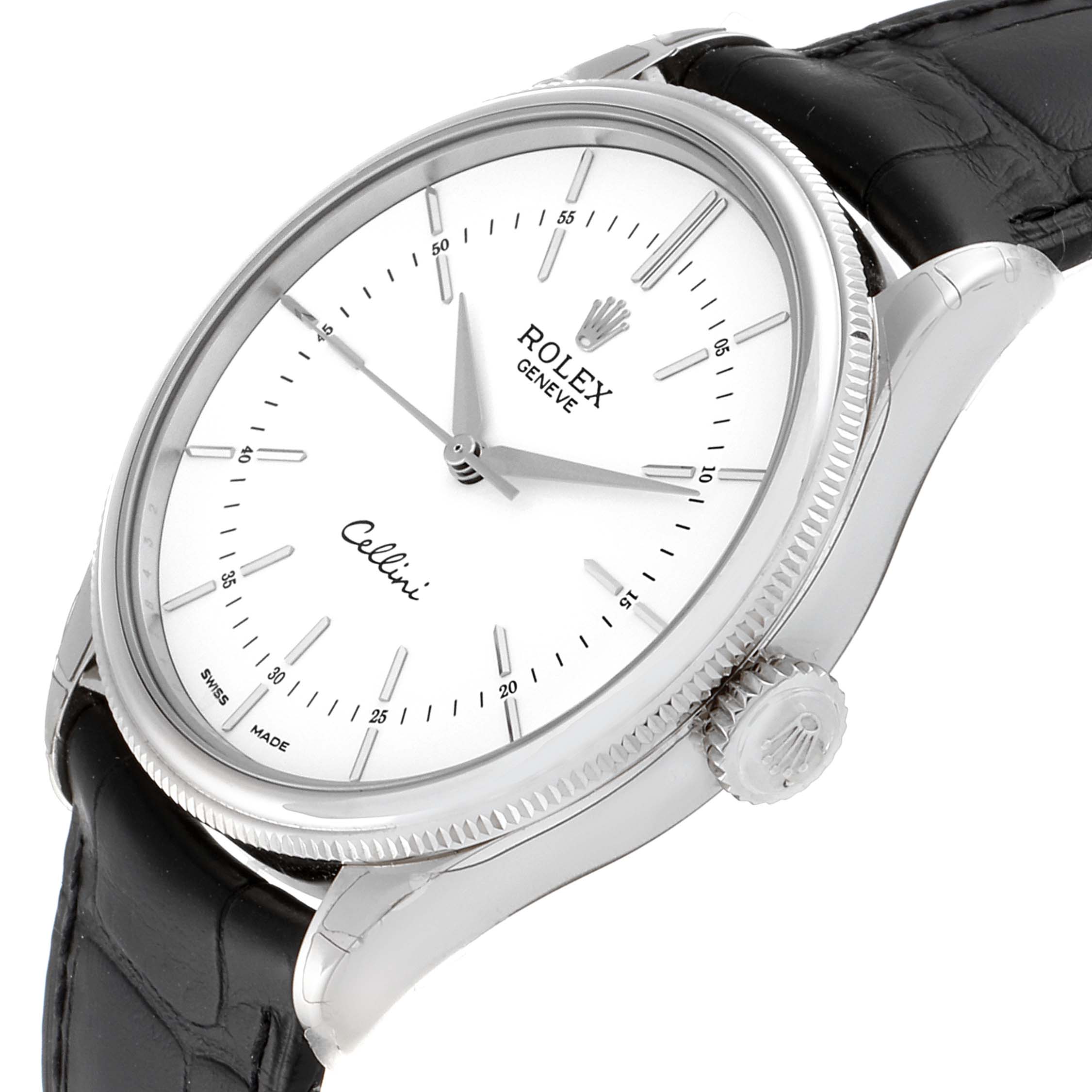 This image shows a Rolex Cellini 50509 Men
s White Gold White Dial 50509 Men
s White Gold White Dial watch at an oblique angle, highlighting its face, bezel, crown, and leather strap.