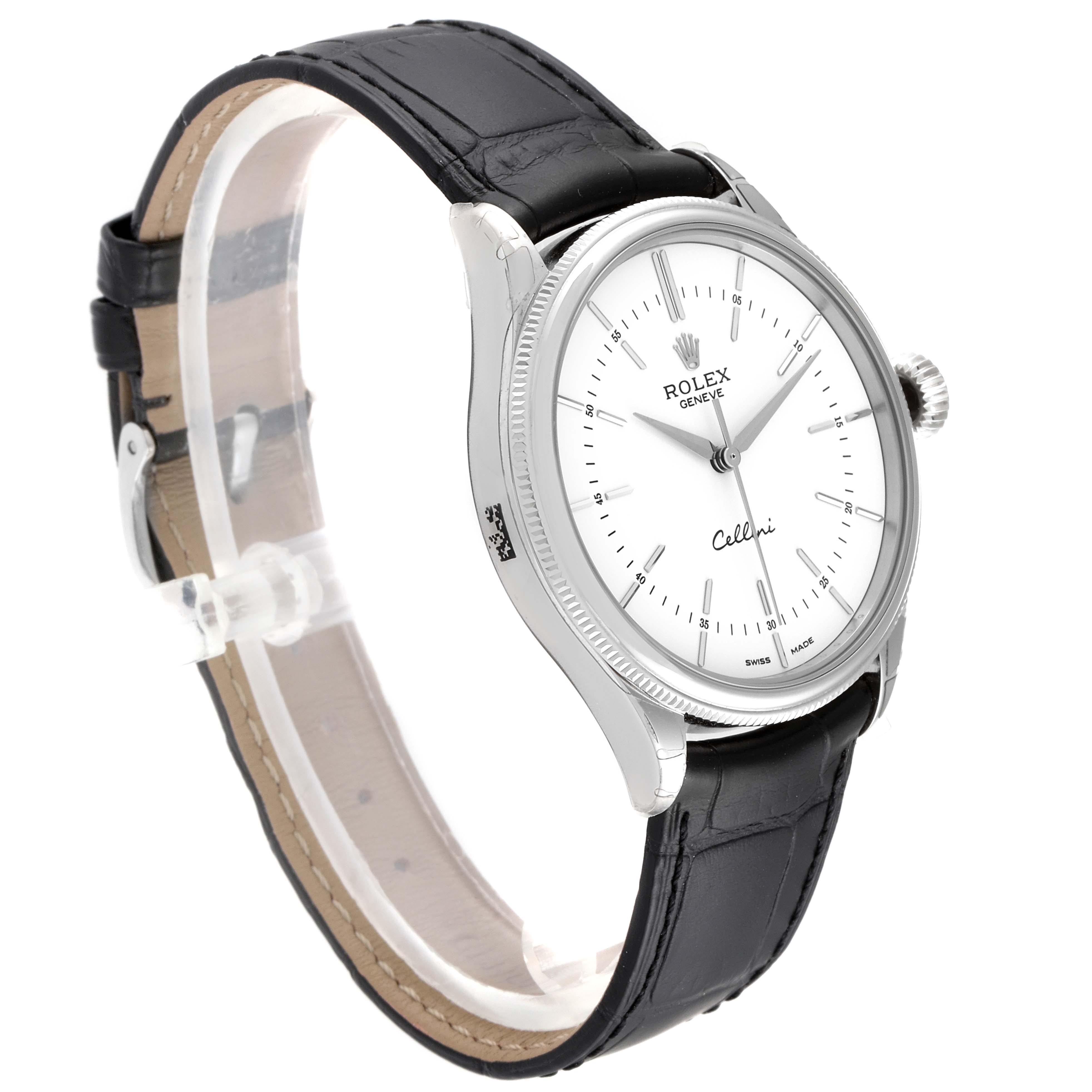 The image shows a Rolex Cellini 50509 Men
s White Gold White Dial 50509 Men
s White Gold White Dial watch at a three-quarter angle, highlighting its face, bezel, case, and leather strap.