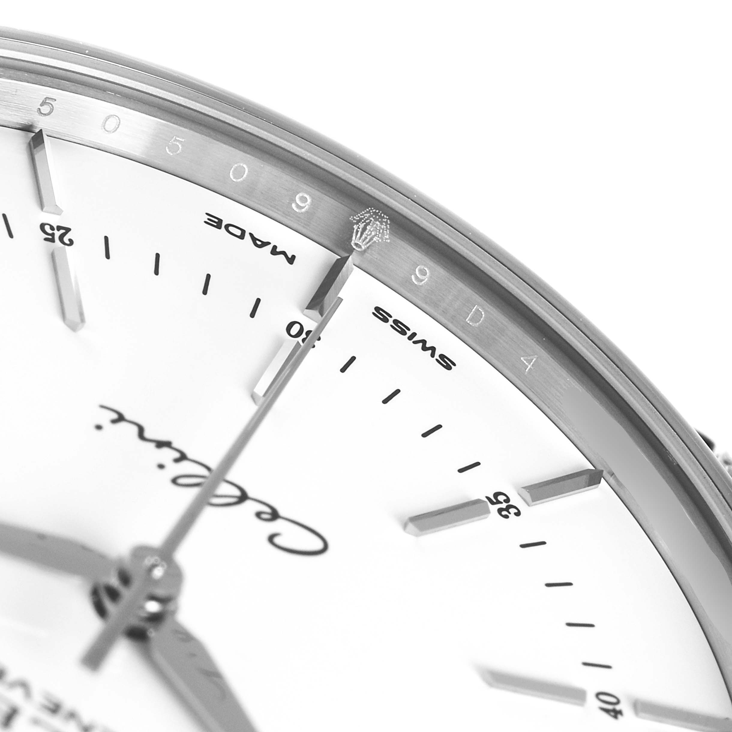 The image shows a close-up of the Rolex Cellini 50509 Men
s White Gold White Dial 50509 Men
s White Gold White Dial watch dial, focusing on the "Swiss Made" mark and hour markers.
