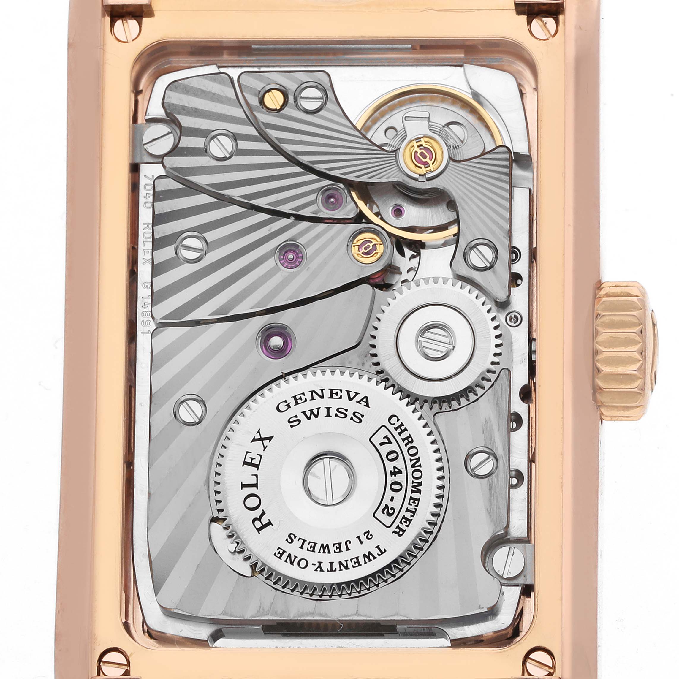 The image shows the movement and inner workings of a Rolex Cellini 5442/5 Men
s Rose Gold Black Dial watch from a top-down angle.