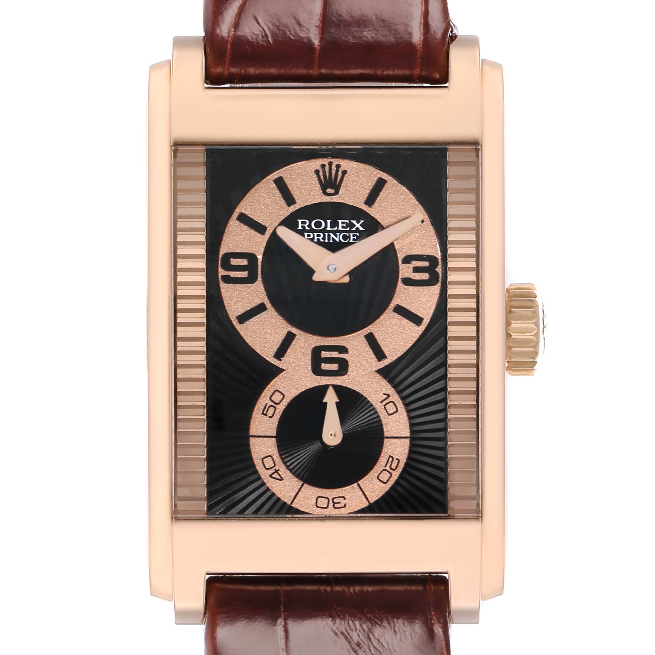 The image shows a front view of a Rolex Cellini 5442/5 Men
s Rose Gold Black Dial Prince watch, highlighting the dial, crown, and strap attachment.