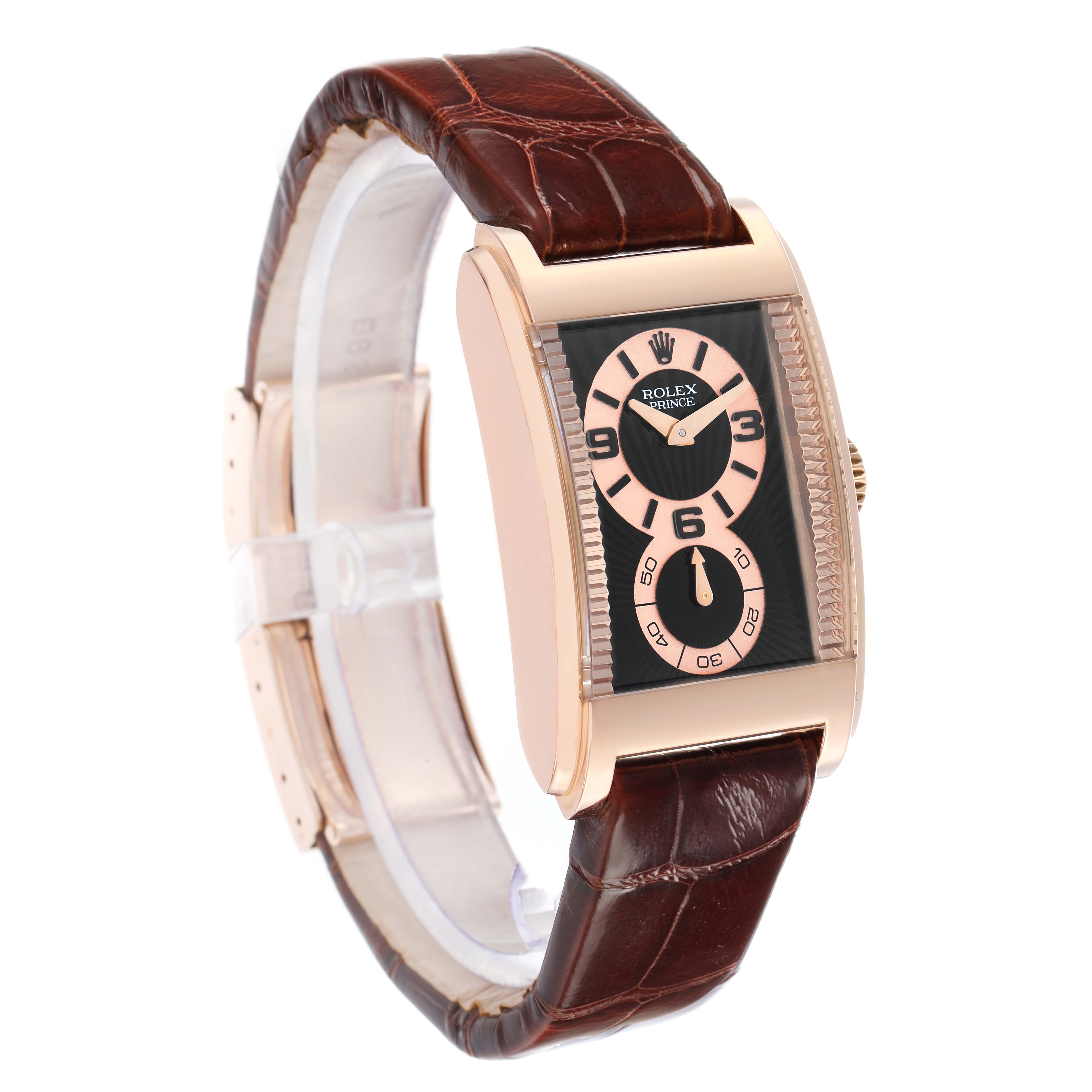 The Rolex Cellini 5442/5 Men
s Rose Gold Black Dial watch is shown at a three-quarter angle, highlighting the face, strap, and side crown.