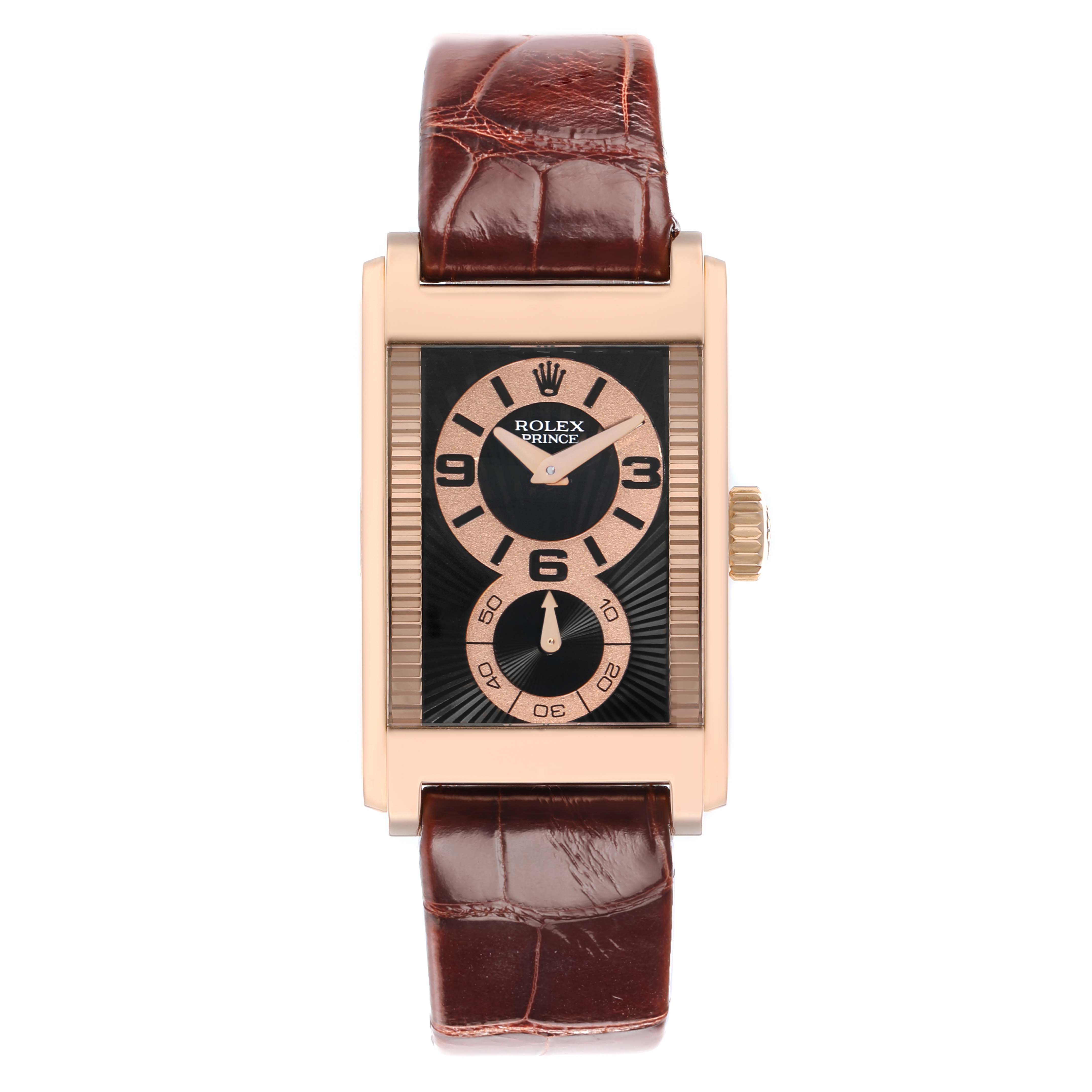 The Rolex Cellini 5442/5 Men
s Rose Gold Black Dial watch is shown from a top view, highlighting the rectangular case, dial, crown, and brown leather strap.