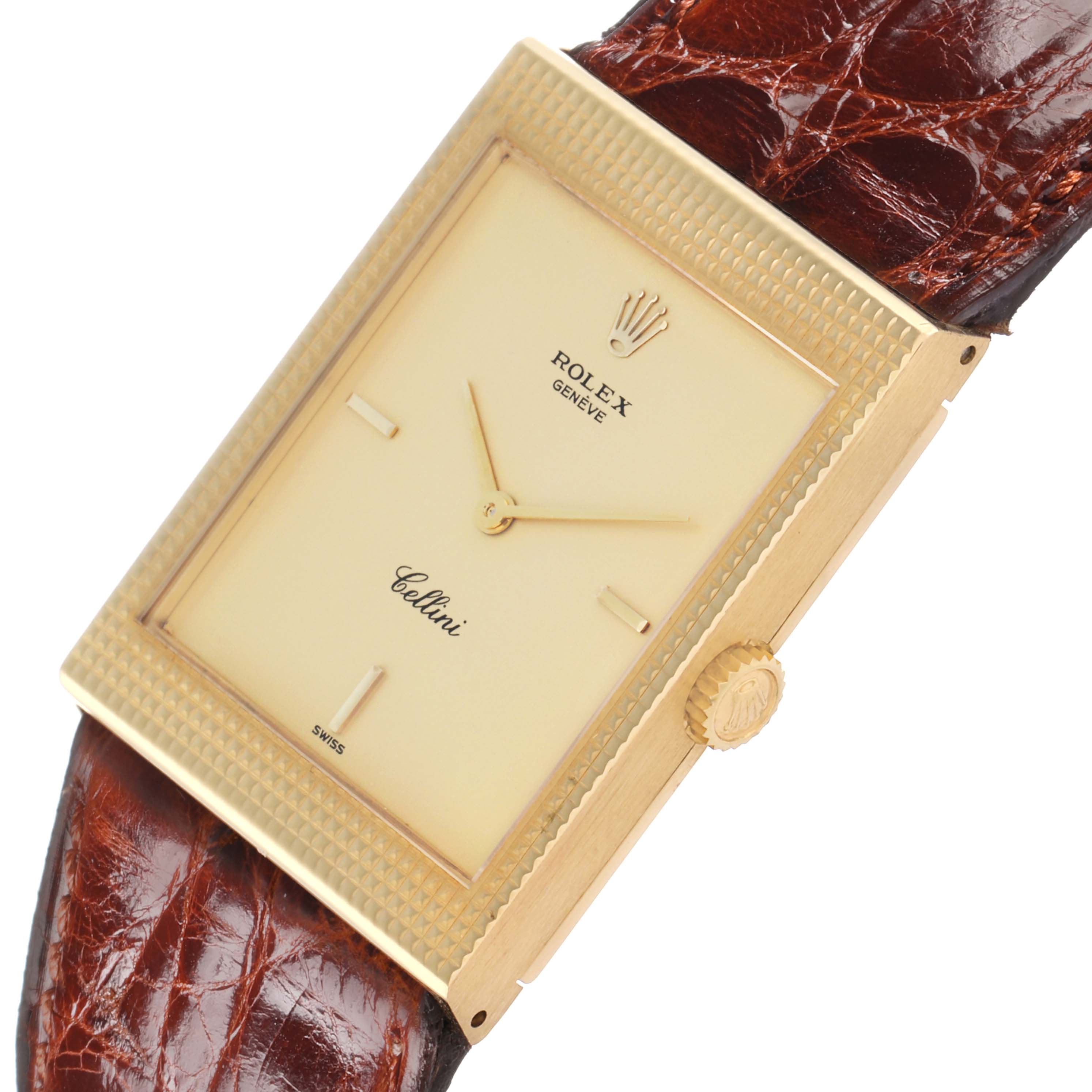 The Rolex Cellini 4127 Men
s Yellow Gold Champagne Dial watch is shown from an angled side view, displaying the face, crown, and part of the leather strap.