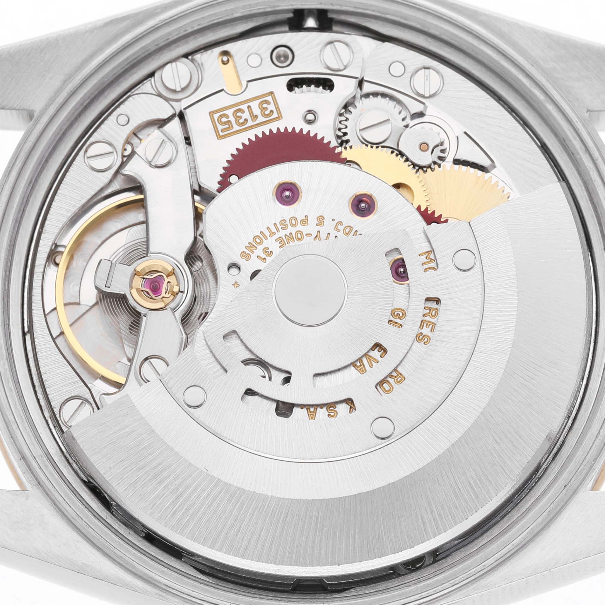 The image shows the intricate movement and inner mechanism of a Rolex Date 15203 Men's Steel and Gold (two tone) White Dial model watch from the back.