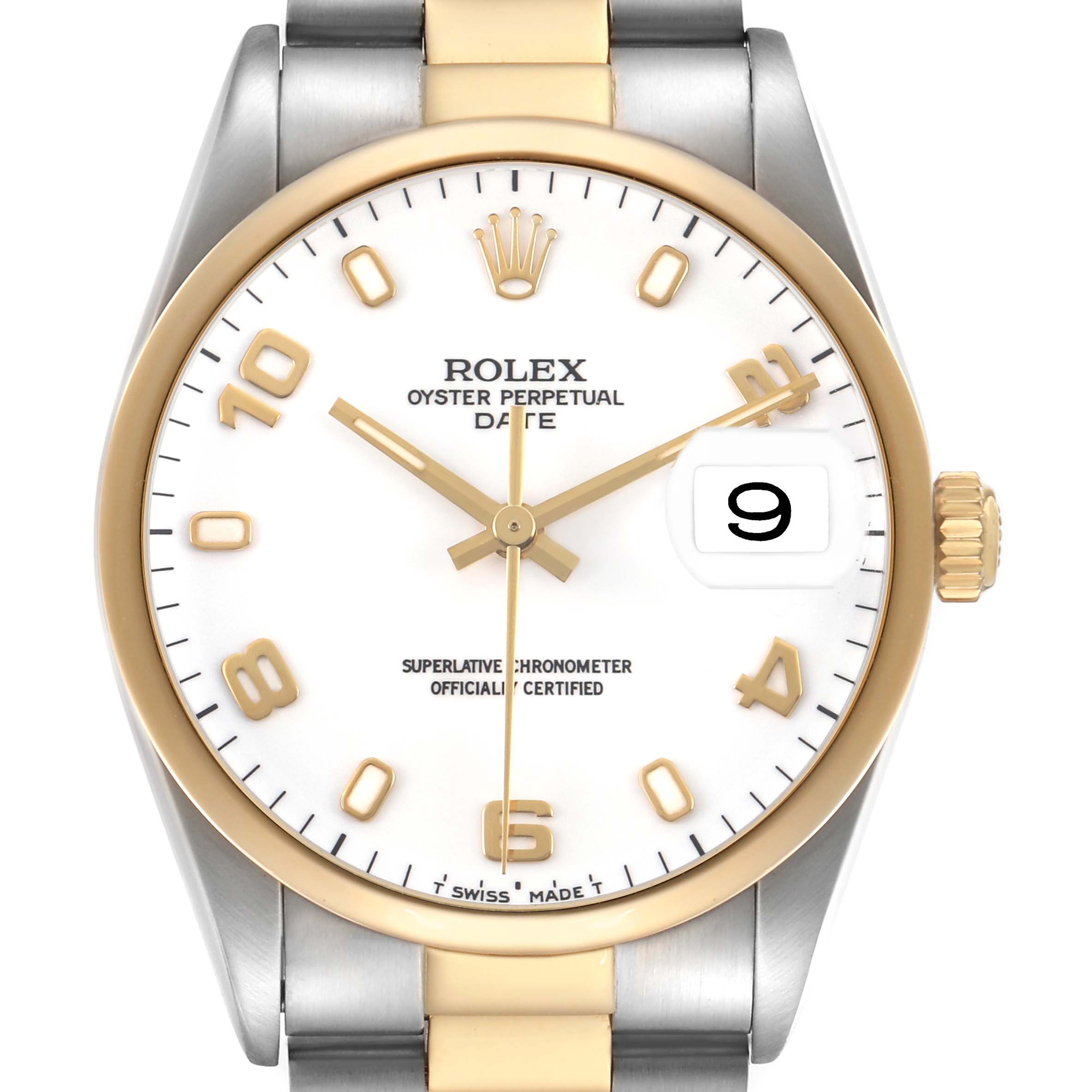 The image shows a Rolex Date 15203 Men's Steel and Gold (two tone) White Dial watch face directly, highlighting the dial, crown, and two-tone bezel.