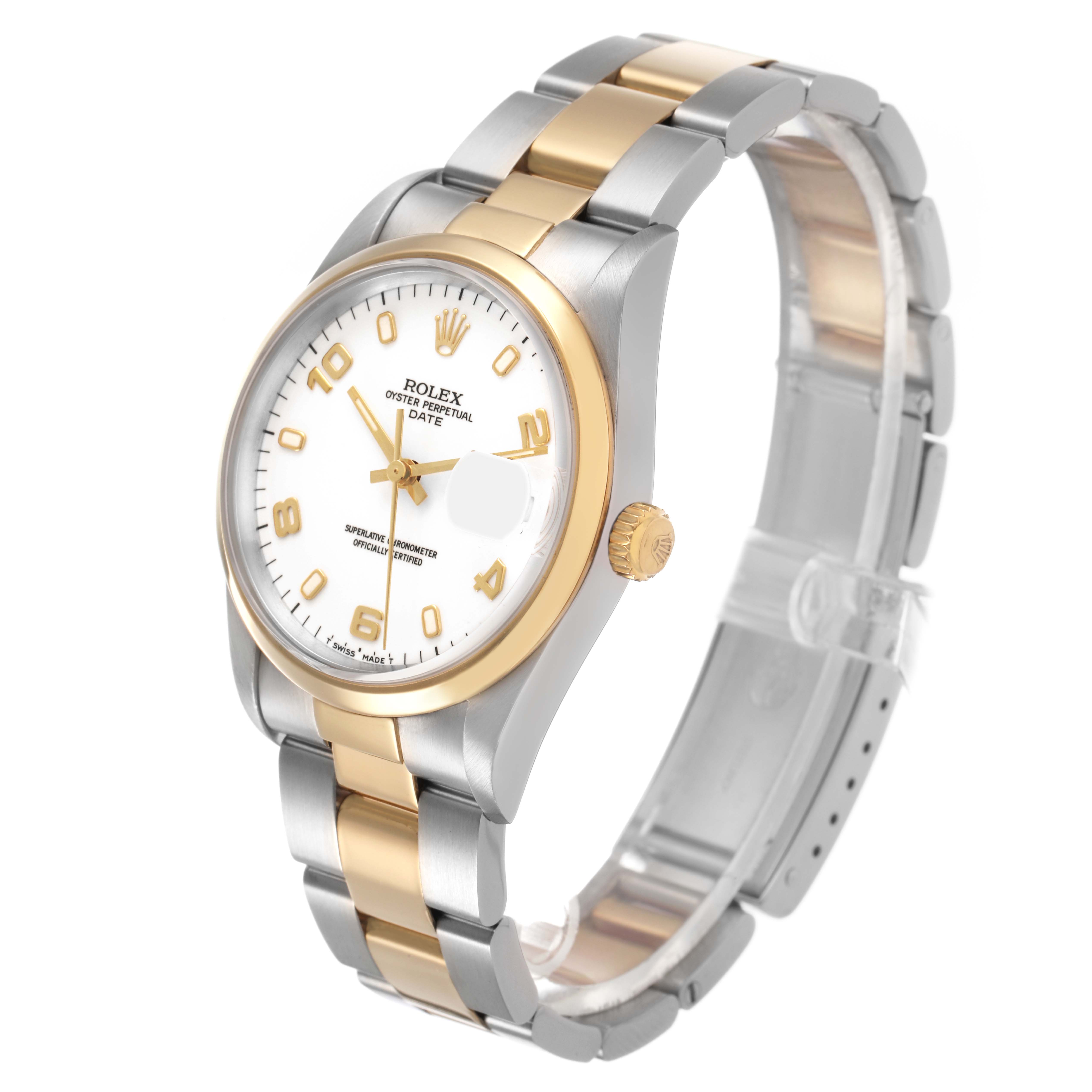 The Rolex Date 15203 Men's Steel and Gold (two tone) White Dial watch is shown at a three-quarter angle, highlighting its two-tone bracelet, crown, and white dial.