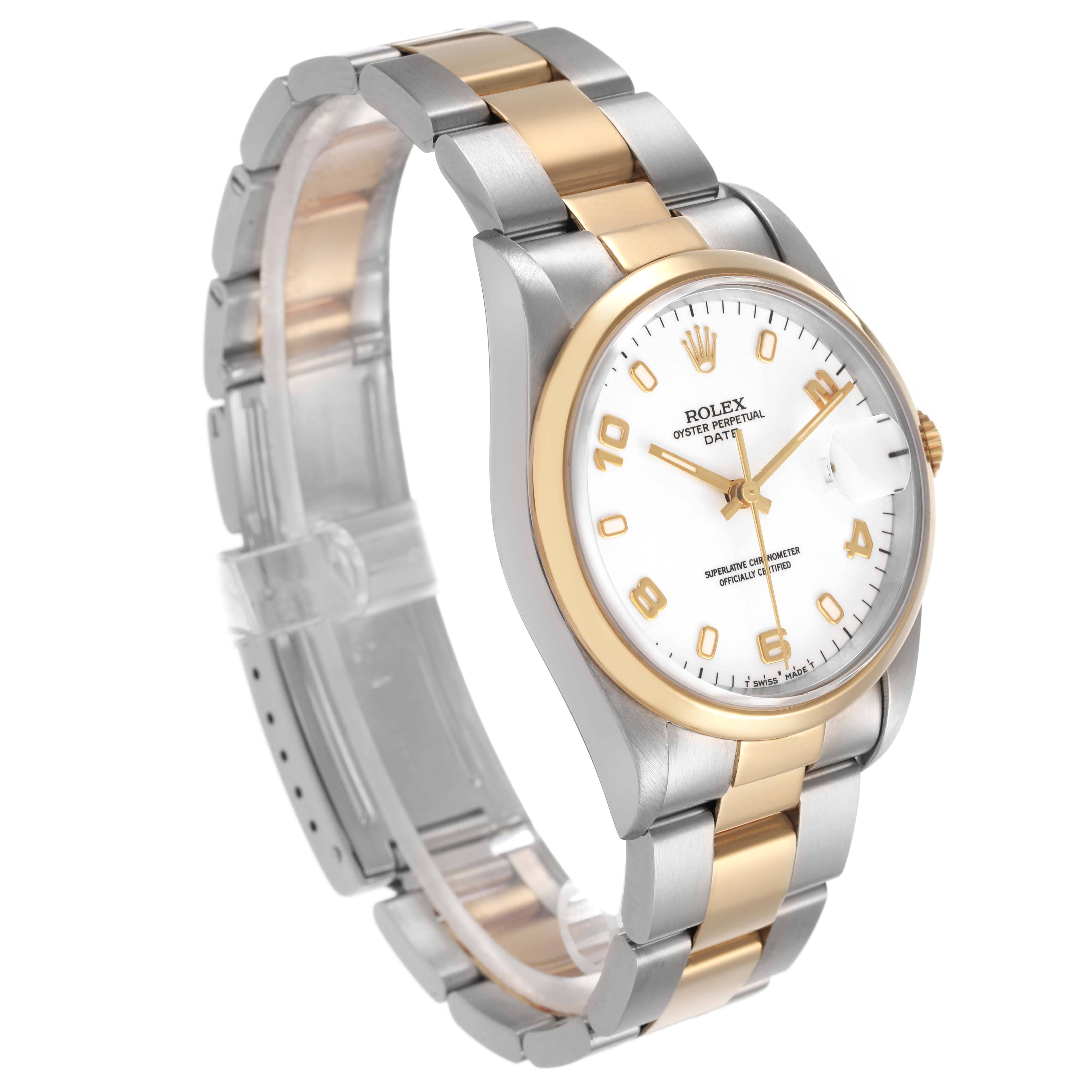The Rolex Date 15203 Men's Steel and Gold (two tone) White Dial model watch is shown at a three-quarter angle, displaying the dial, bezel, bracelet, and crown.
