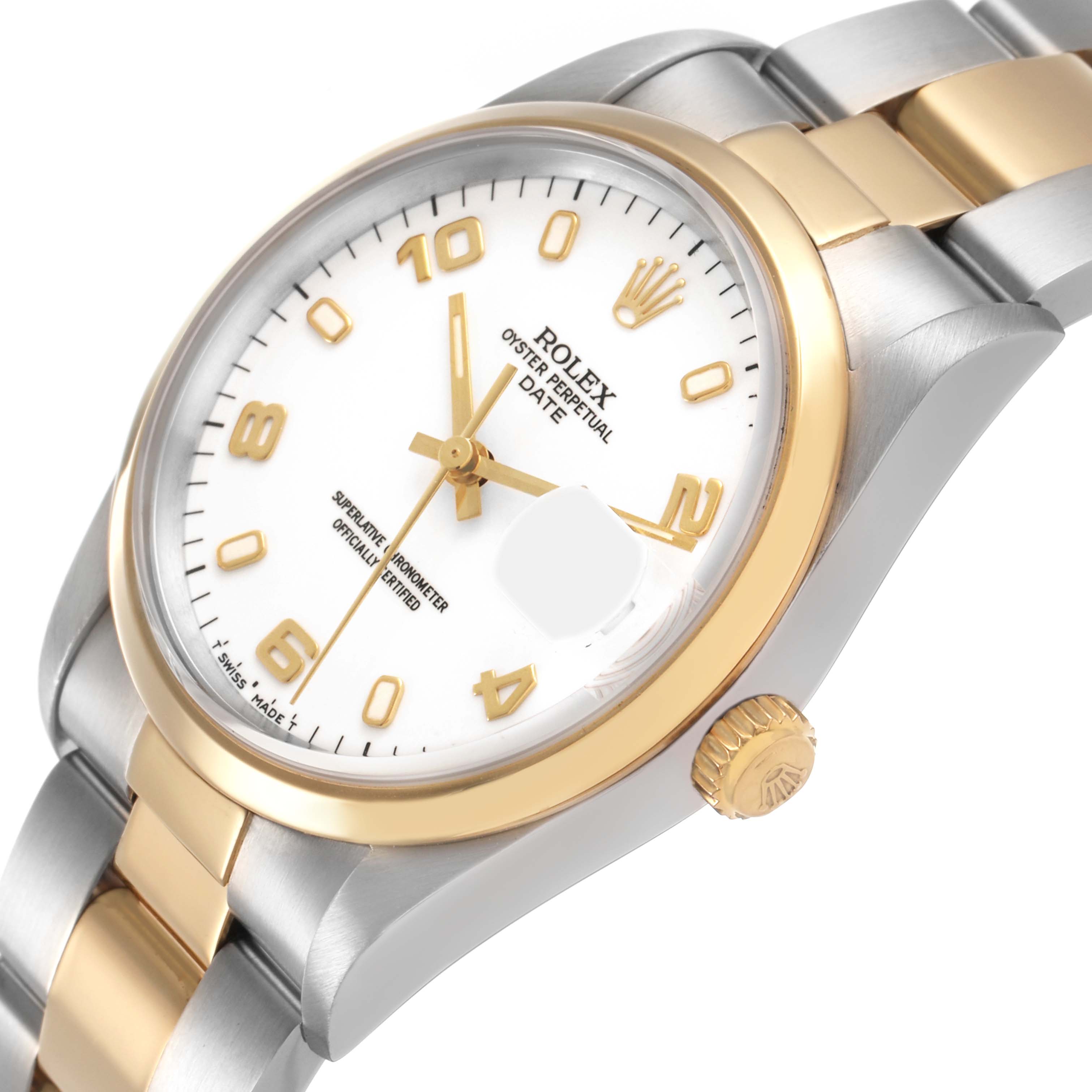 The Rolex Date 15203 Men's Steel and Gold (two tone) White Dial watch is shown at a slight angle, highlighting the gold and silver bracelet, dial, and crown.
