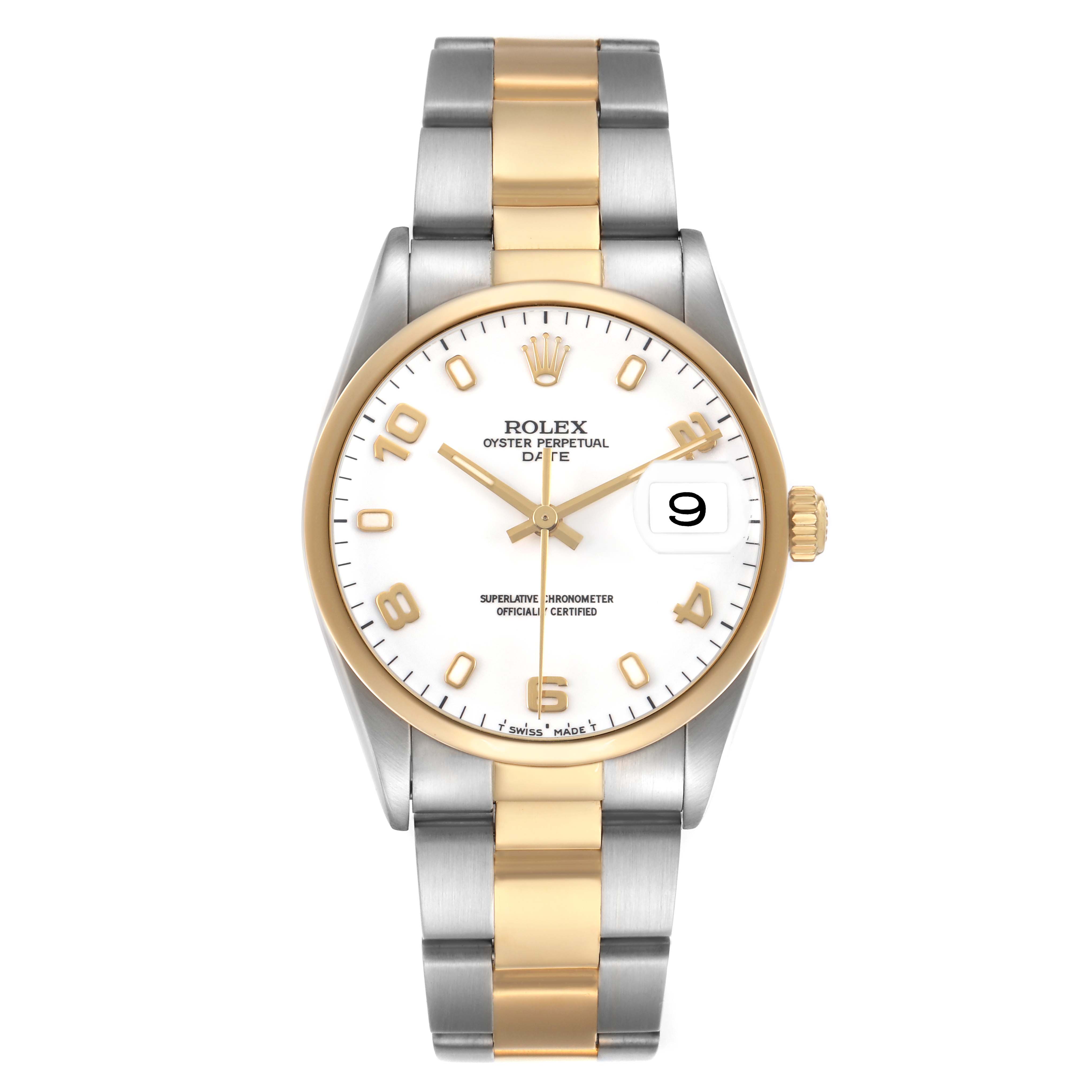 The image shows a front view of the Rolex Date 15203 Men's Steel and Gold (two tone) White Dial model watch, highlighting its two-tone bracelet and white dial.