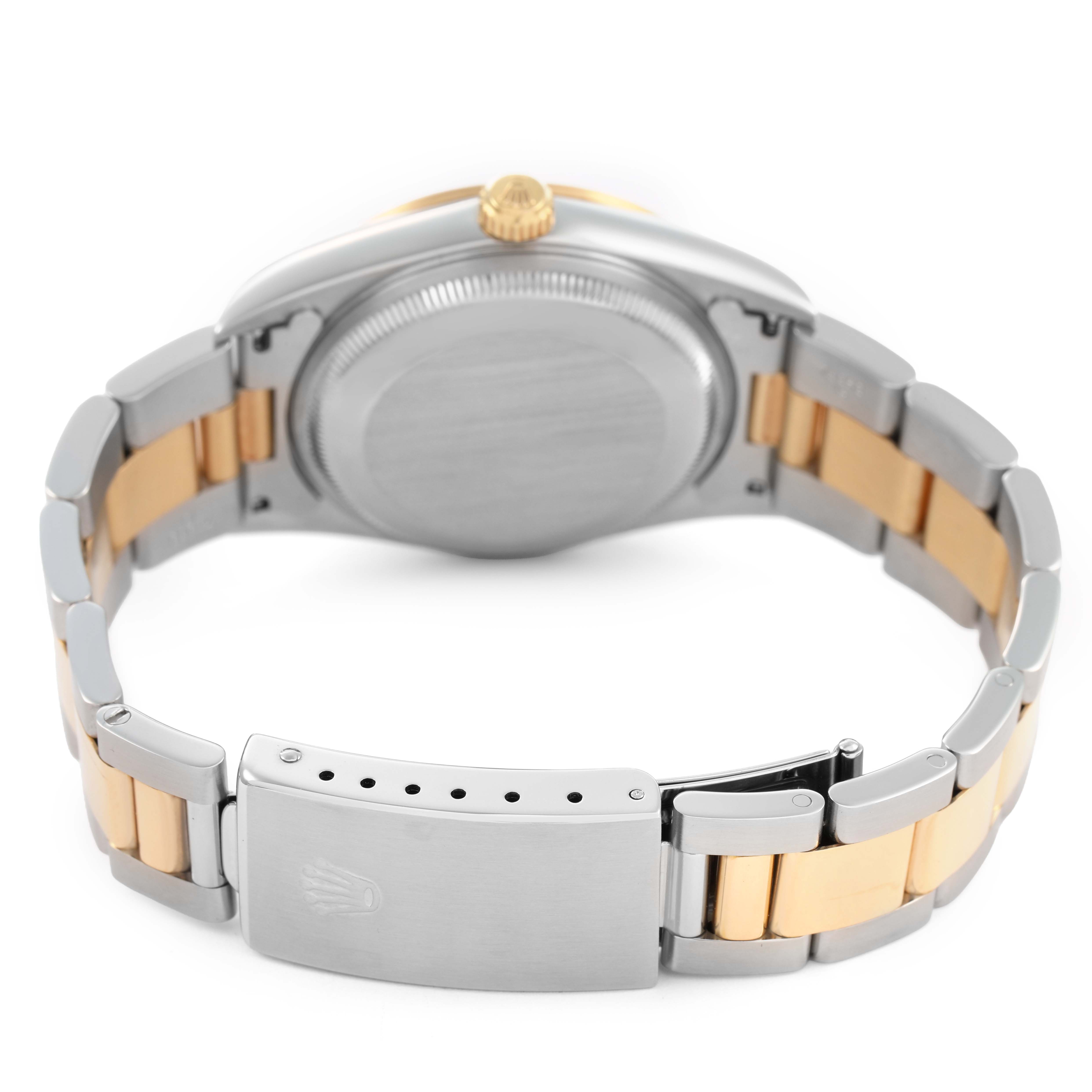 The image shows the back view of a Rolex Date 15203 Men's Steel and Gold (two tone) White Dial watch, highlighting the bracelet, clasp, and case back.