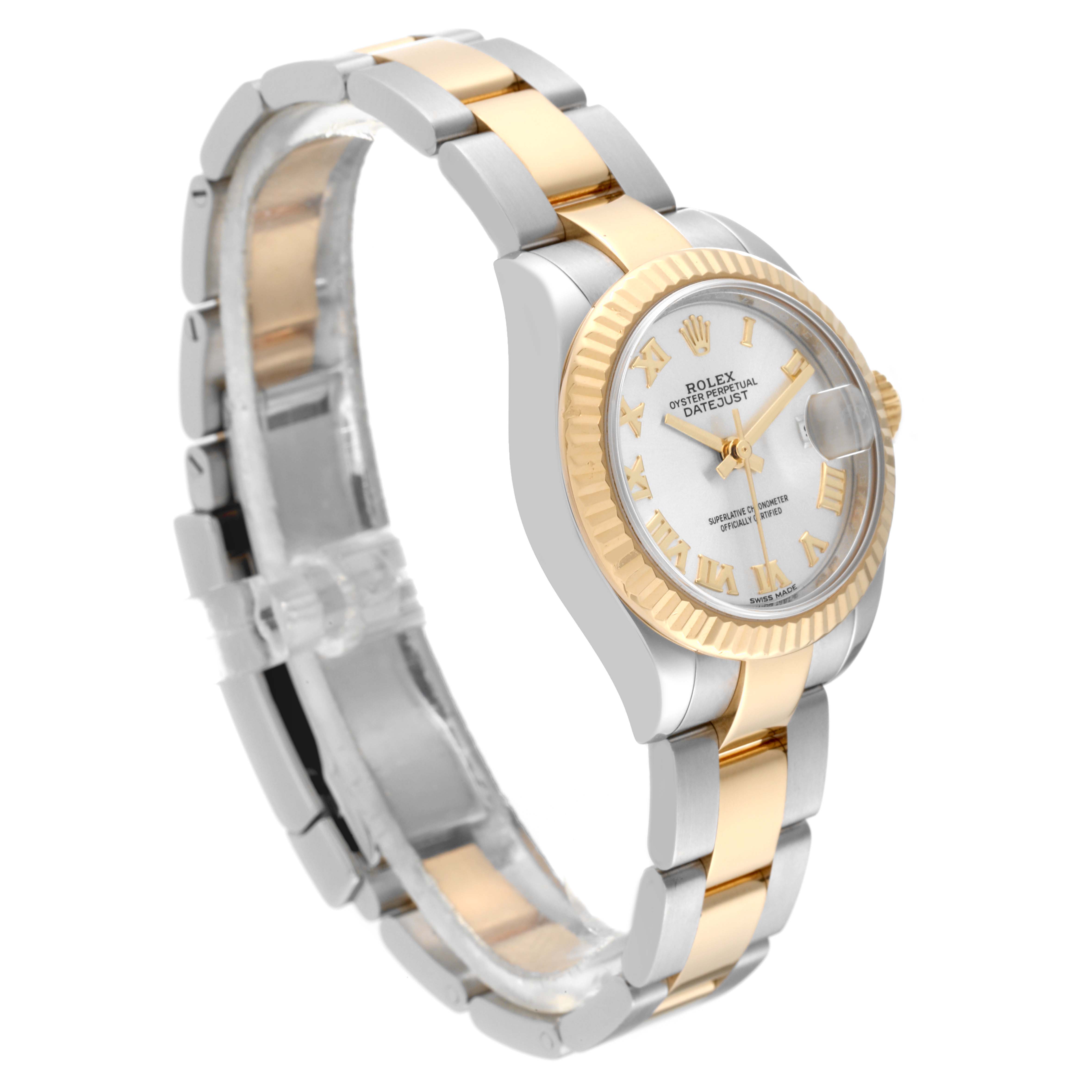 The image shows a side view of a Rolex Datejust 279173 Women's Steel and Gold (two tone) Silver Dial 279173 Women's Steel and Gold (two tone) Silver Dial watch highlighting its two-tone bracelet and silver dial.