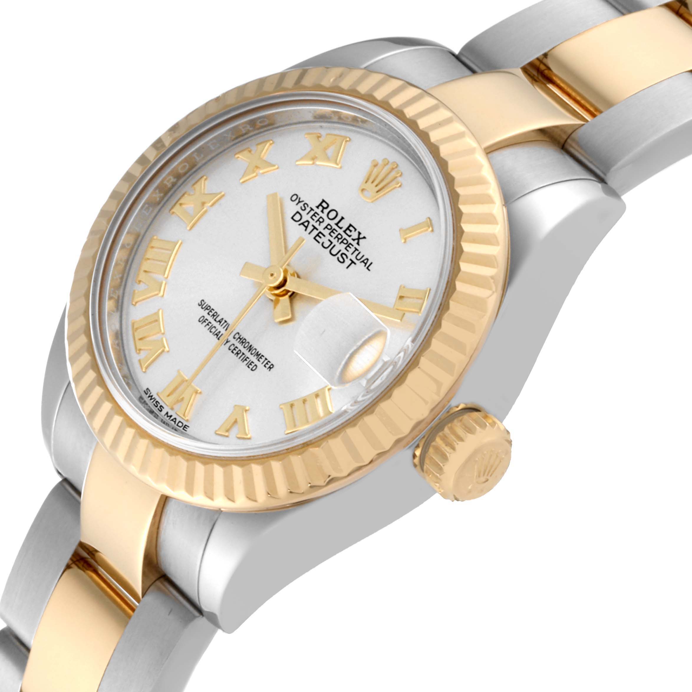 This angled view of the Rolex Datejust 279173 Women's Steel and Gold (two tone) Silver Dial 279173 Women's Steel and Gold (two tone) Silver Dial watch shows its gold bezel, crown, silver dial with Roman numerals, and gold-silver bracelet.