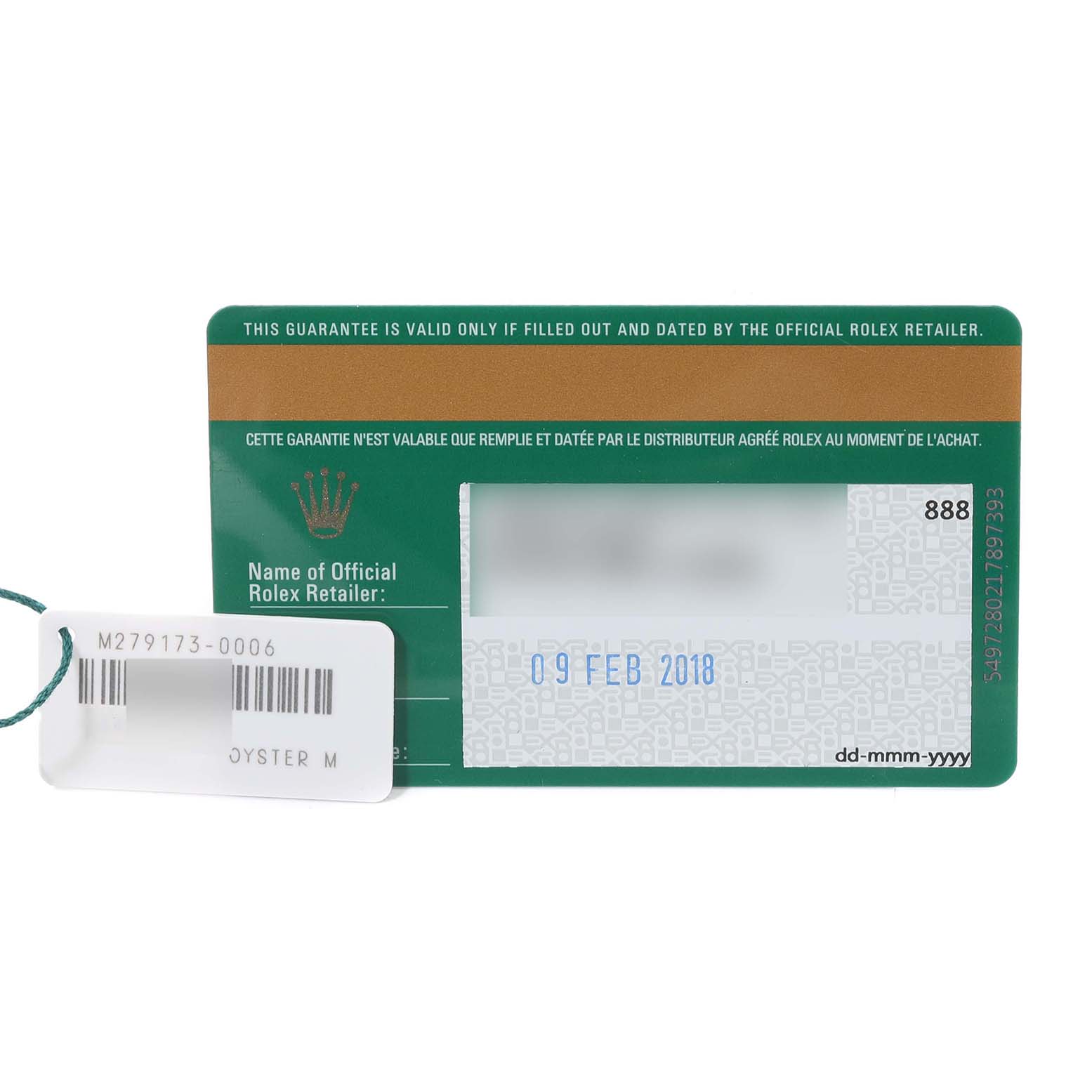 This image shows a warranty card and a tag for the Rolex Datejust 279173 Women's Steel and Gold (two tone) Silver Dial 279173 Women's Steel and Gold (two tone) Silver Dial model, with visible serial numbers and dates.