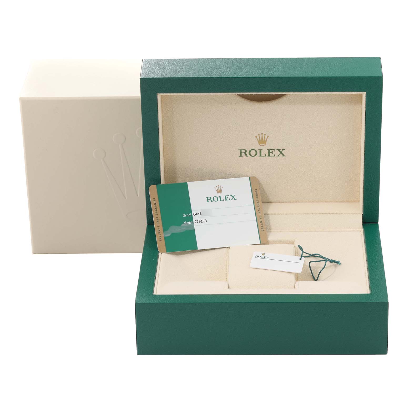 The image shows the box and accessories, including a warranty card, for the Rolex Datejust 279173 Women's Steel and Gold (two tone) Silver Dial 279173 Women's Steel and Gold (two tone) Silver Dial model.