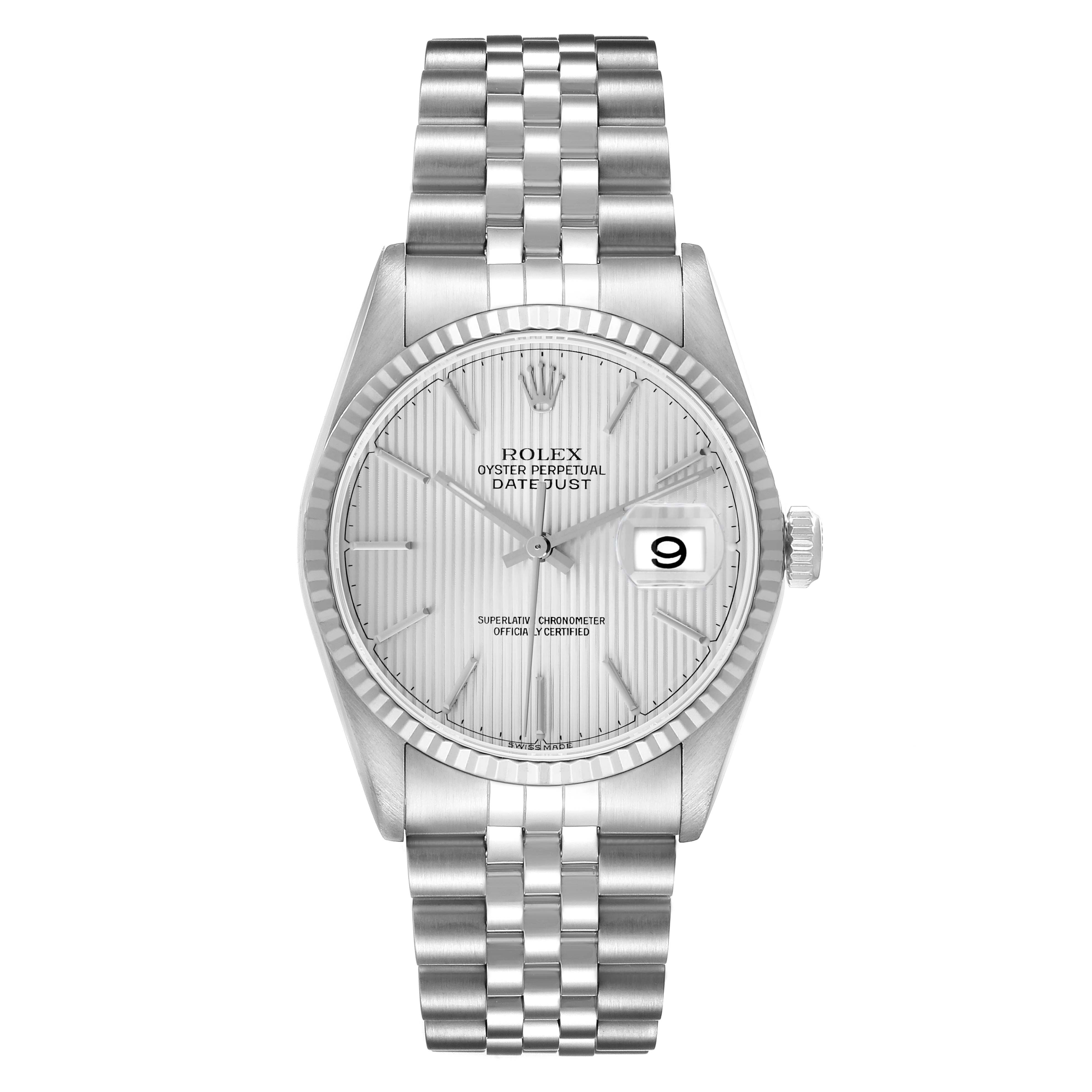 The Rolex Datejust 16234 Men
s Stainless Steel Silver Dial watch is shown from a front angle, highlighting the dial, fluted bezel, and Jubilee bracelet.
