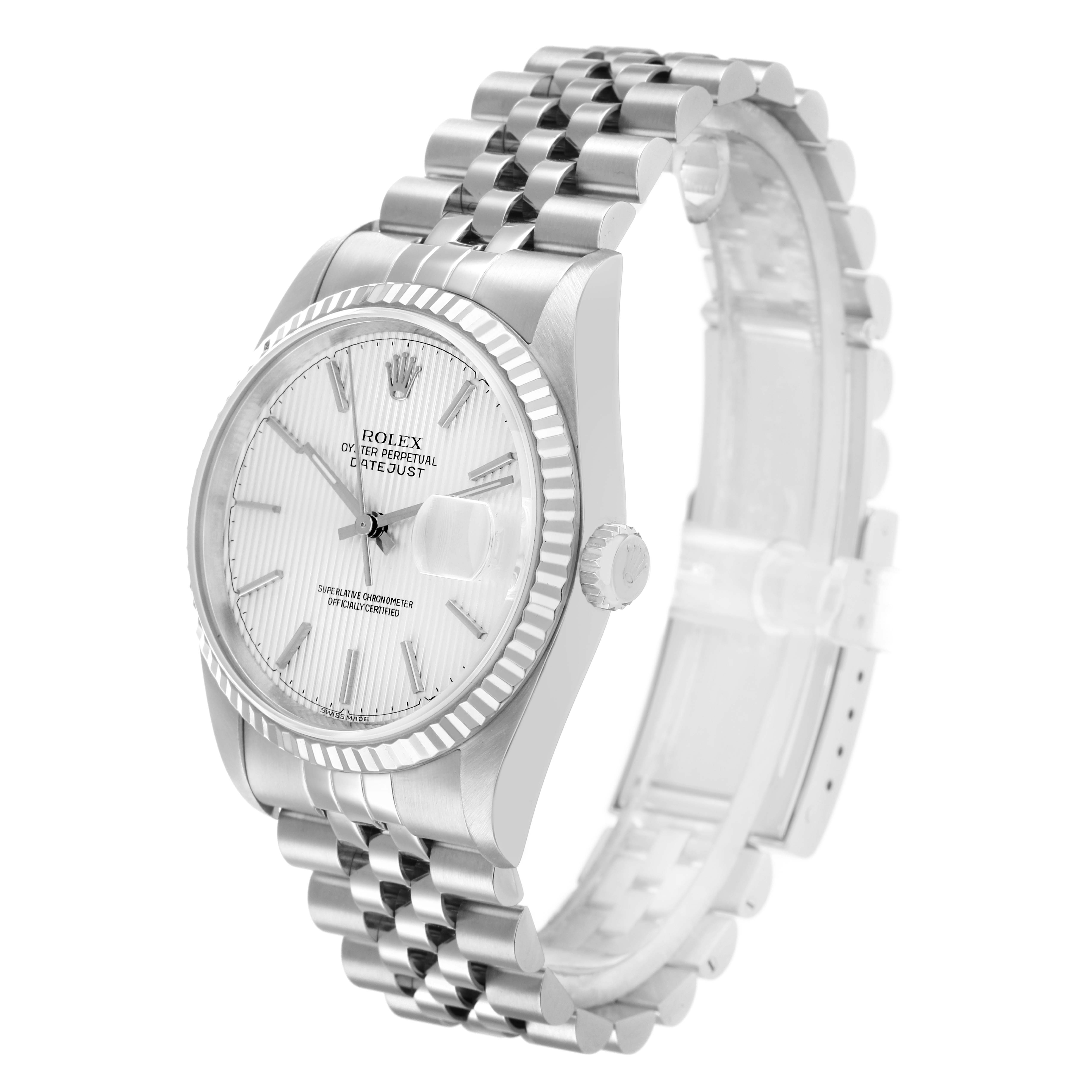 The Rolex Datejust 16234 Men
s Stainless Steel Silver Dial watch is shown at a three-quarter angle, highlighting its dial, fluted bezel, and Jubilee bracelet.