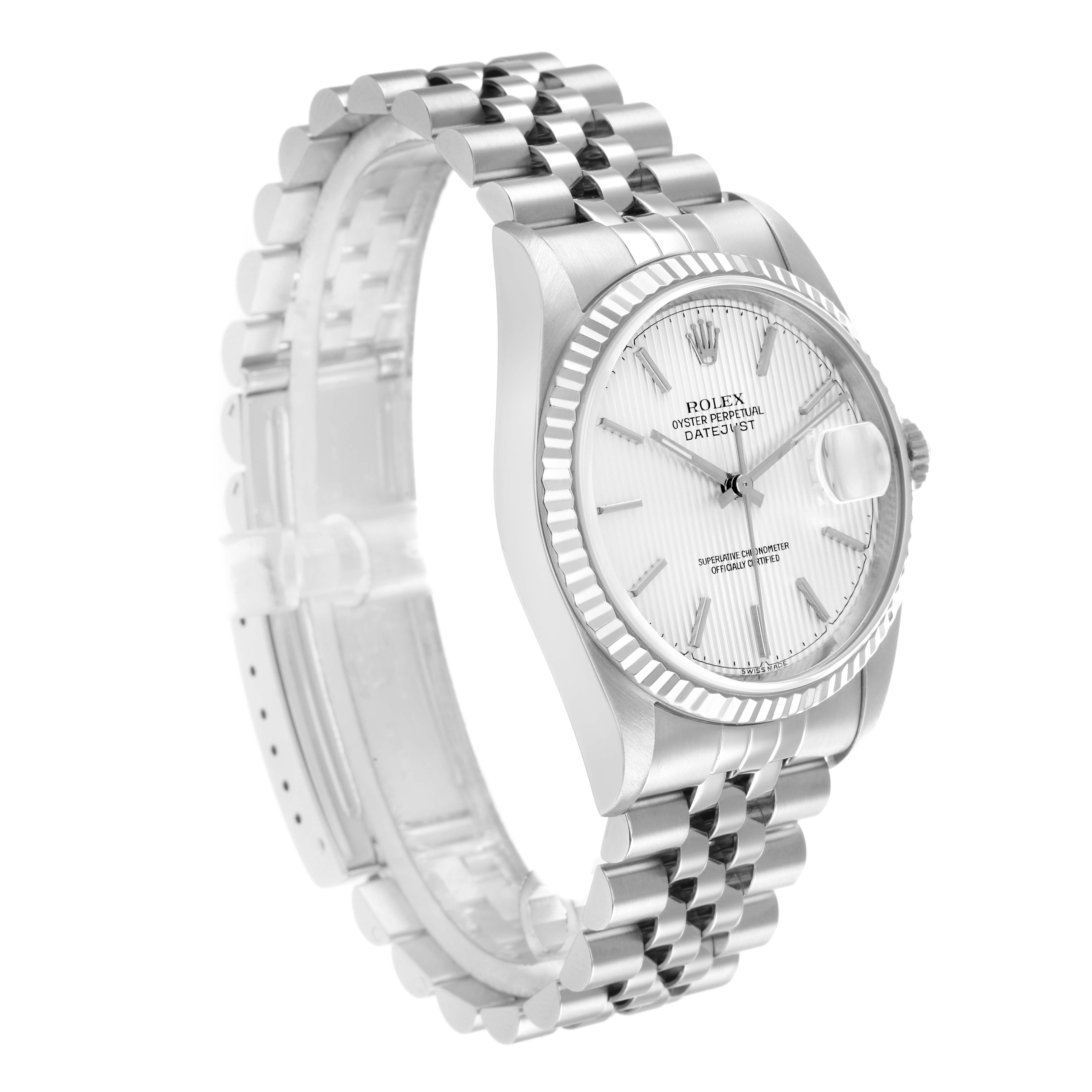 The Rolex Datejust 16234 Men
s Stainless Steel Silver Dial watch is shown at a three-quarter angle, displaying its face, bezel, and bracelet prominently.