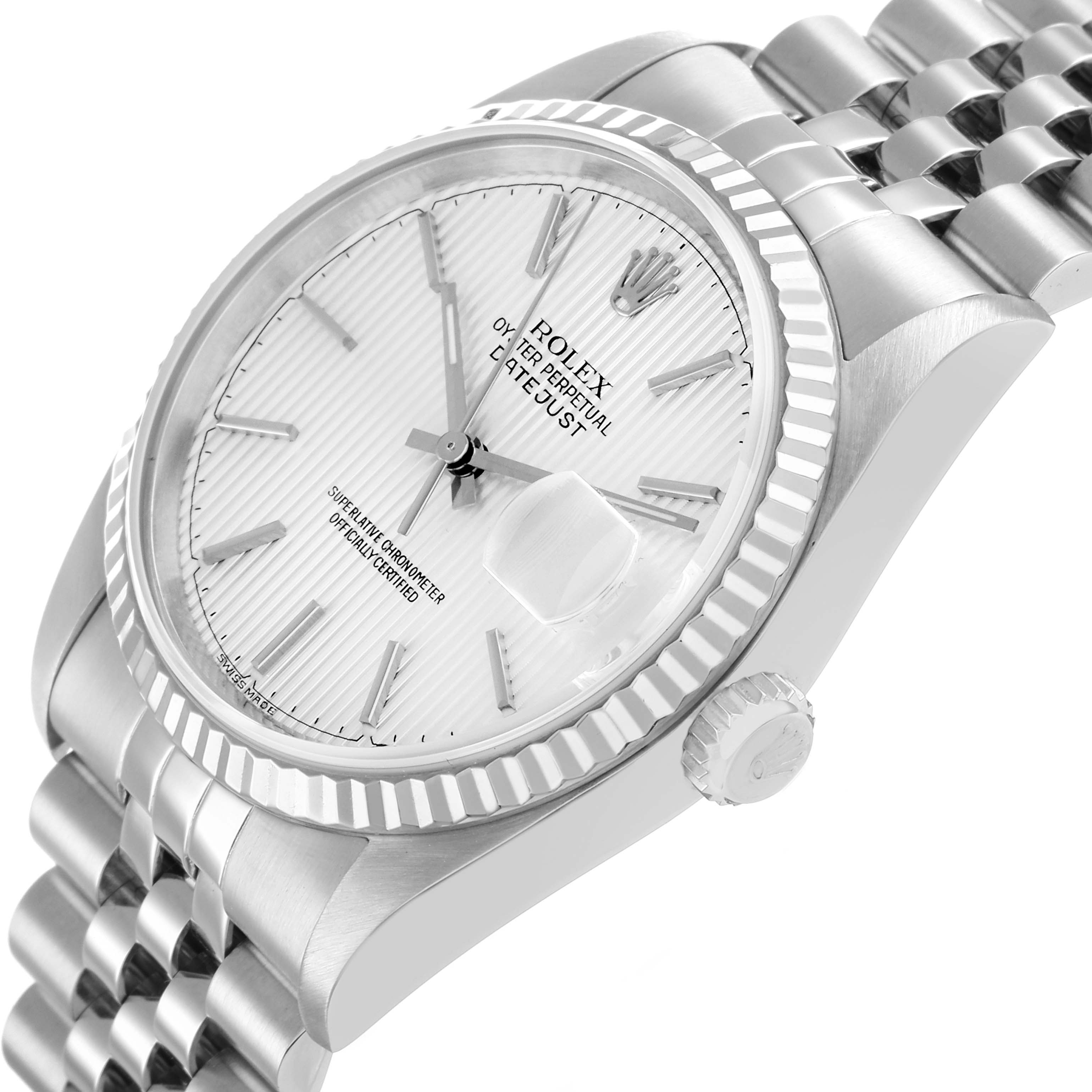 The Rolex Datejust 16234 Men
s Stainless Steel Silver Dial watch is shown at an angled side view, highlighting the dial, fluted bezel, crown, and Jubilee bracelet.