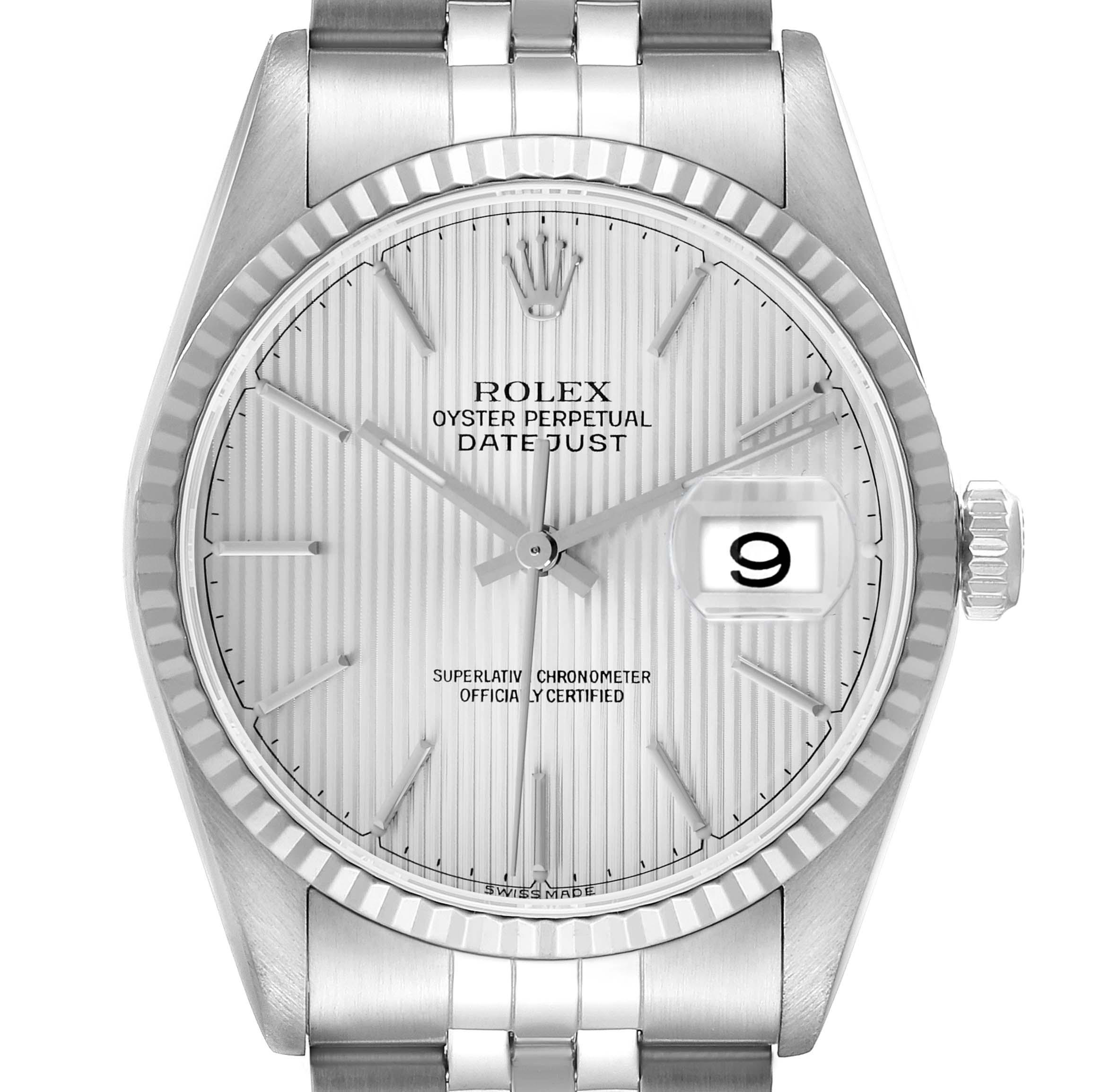 The image shows a front view of a Rolex Datejust 16234 Men
s Stainless Steel Silver Dial, highlighting the dial, hands, date window, and part of the bracelet.