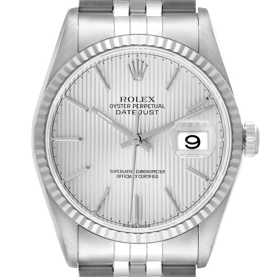 The image shows a front view of a Rolex Datejust 16234 Men's Stainless Steel Silver Dial, highlighting the dial, hands, date window, and part of the bracelet.