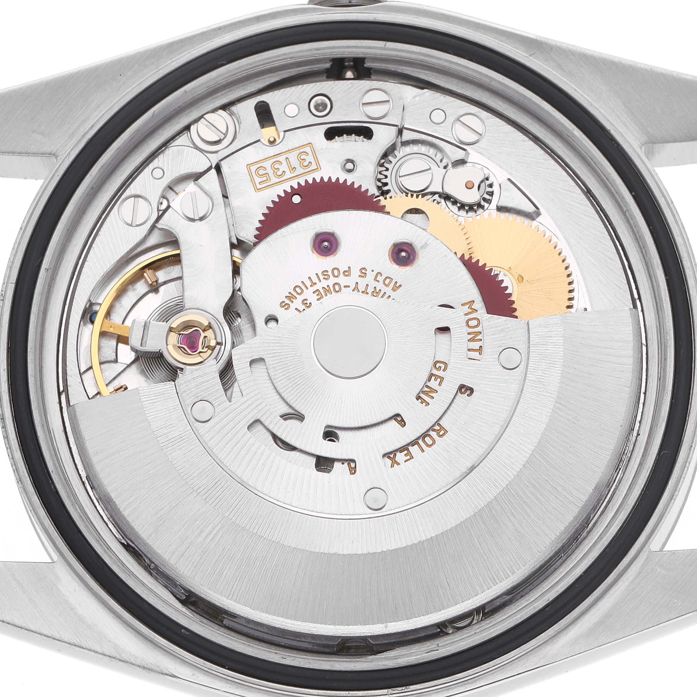 The image shows the back view of a Rolex Datejust 16234 Men
s Stainless Steel Silver Dial, highlighting its internal mechanical movement.