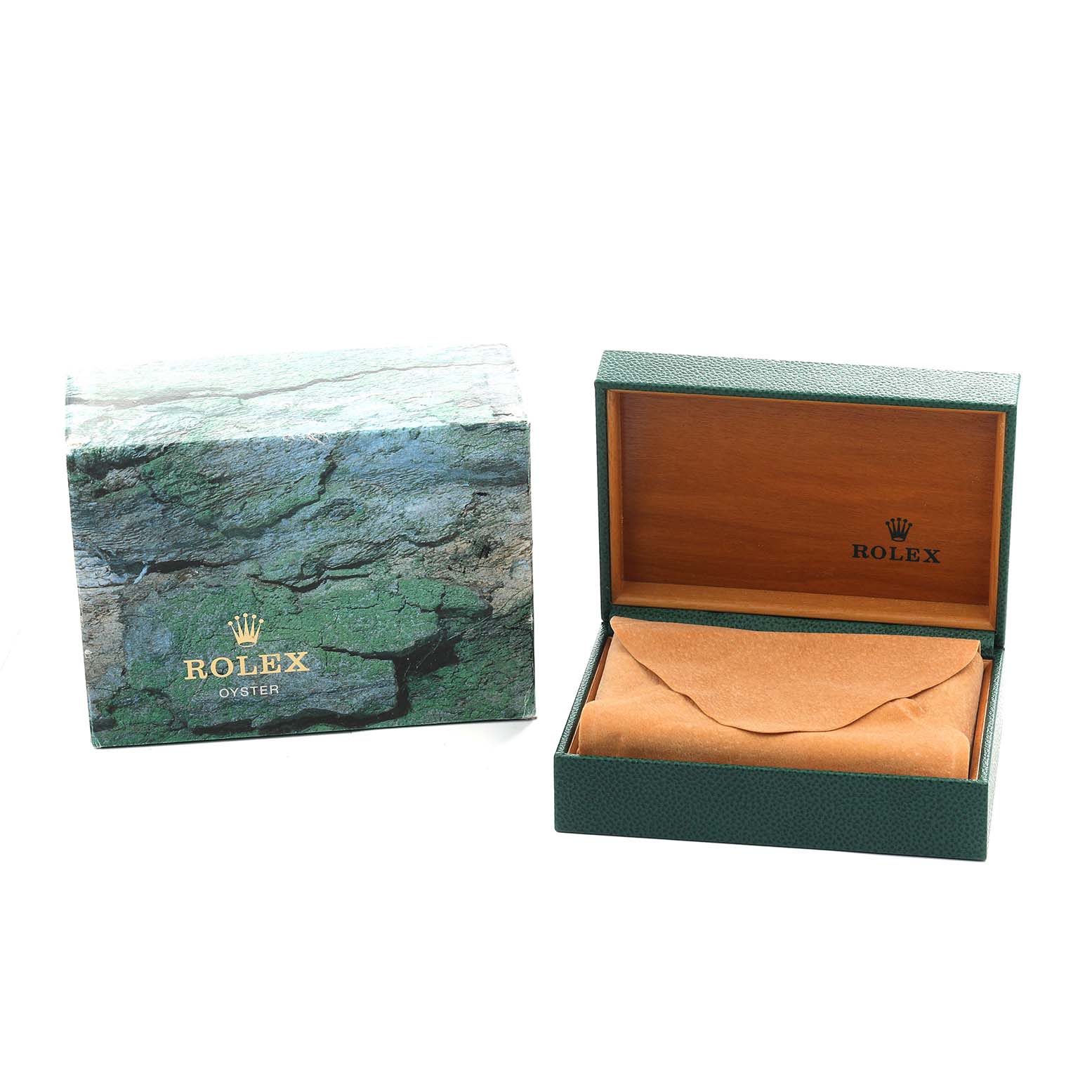 The image shows a Rolex Datejust 16234 Men
s Stainless Steel Silver Dial box set with an outer box and an open green watch box lined with wood.