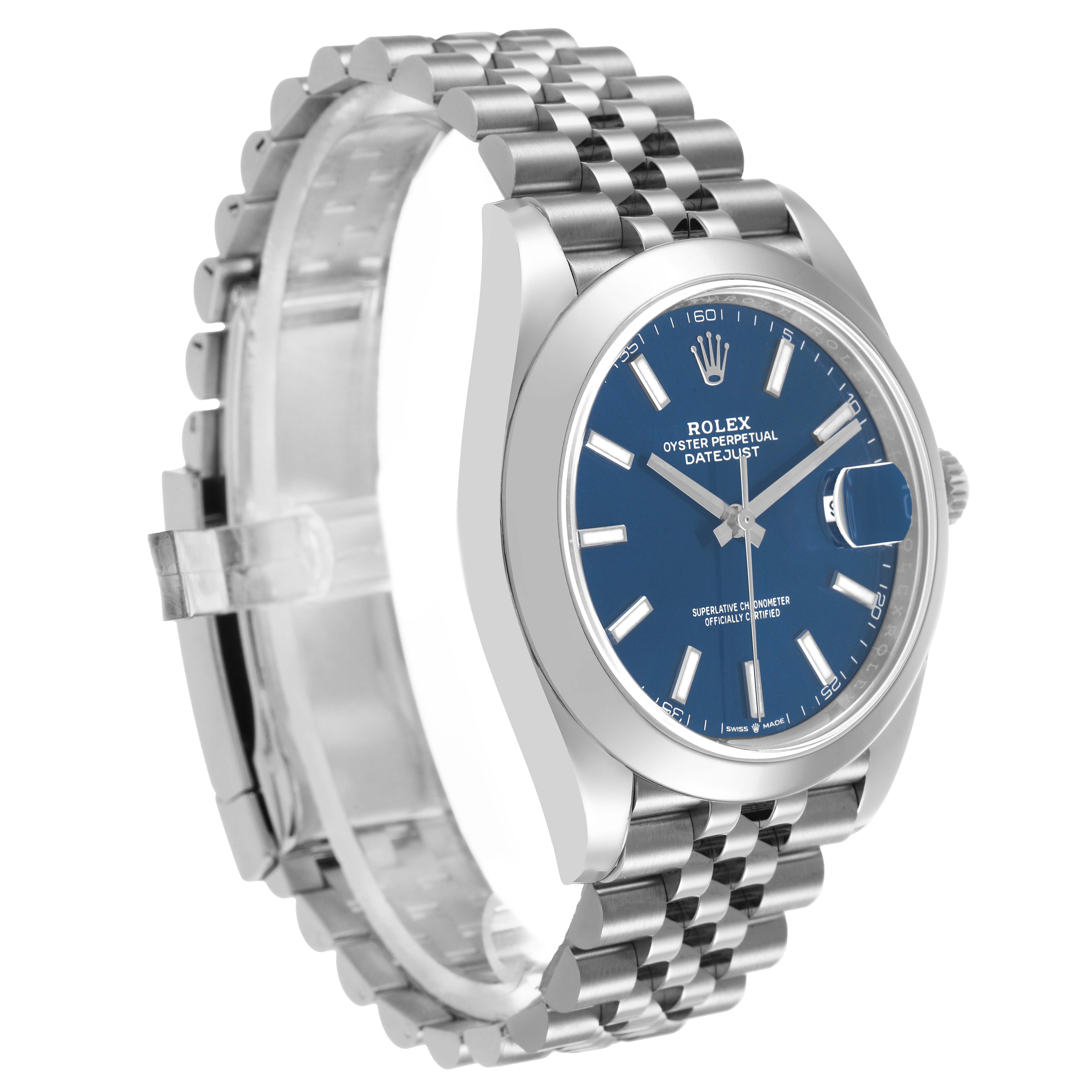 The Rolex Datejust 41 126300 Men's Stainless Steel Blue Dial is shown from a three-quarter angle, highlighting the blue dial, Jubilee bracelet, and fluted bezel.