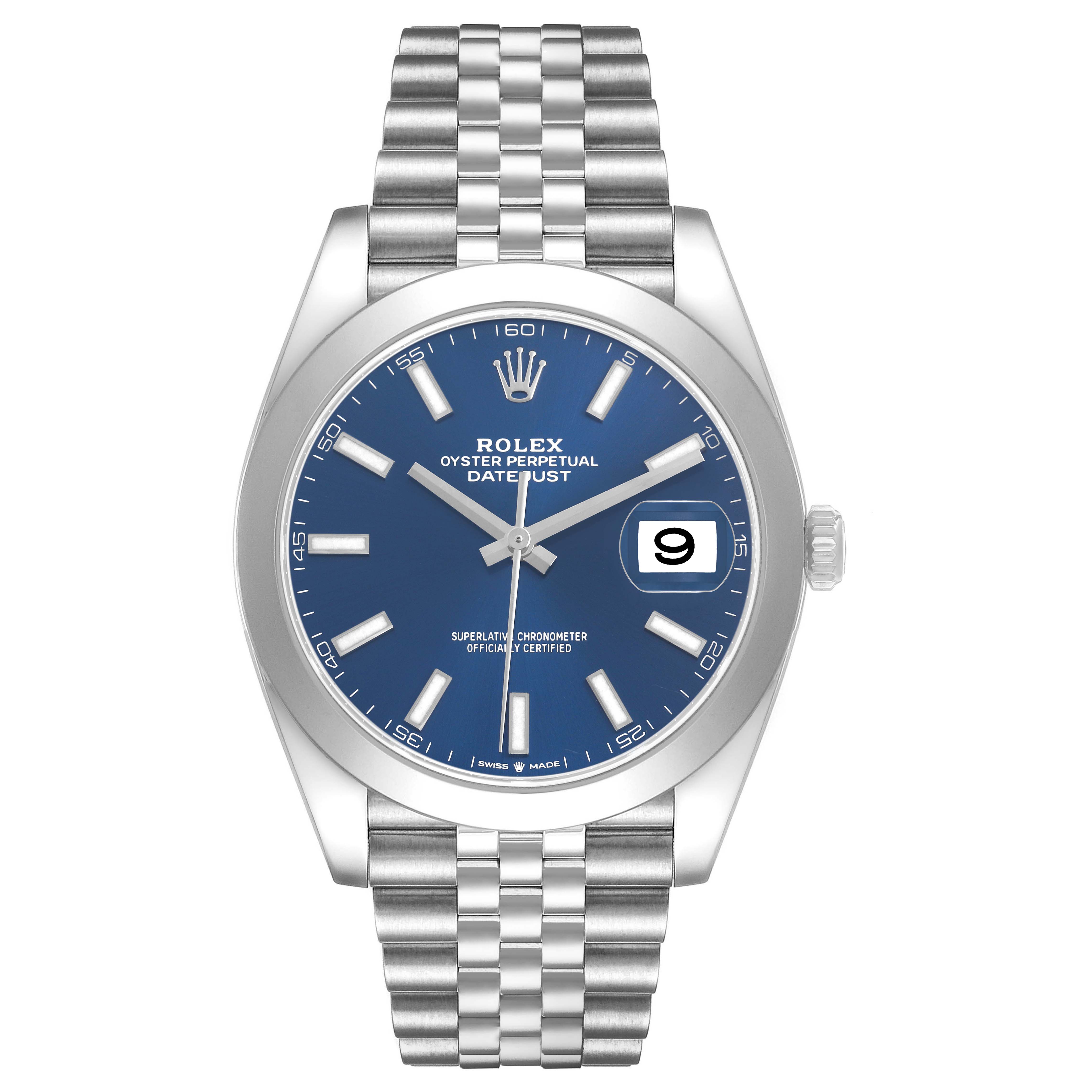 The Rolex Datejust 41 126300 Men's Stainless Steel Blue Dial is shown from a straight-on angle, displaying the blue dial, date window, and Jubilee bracelet.