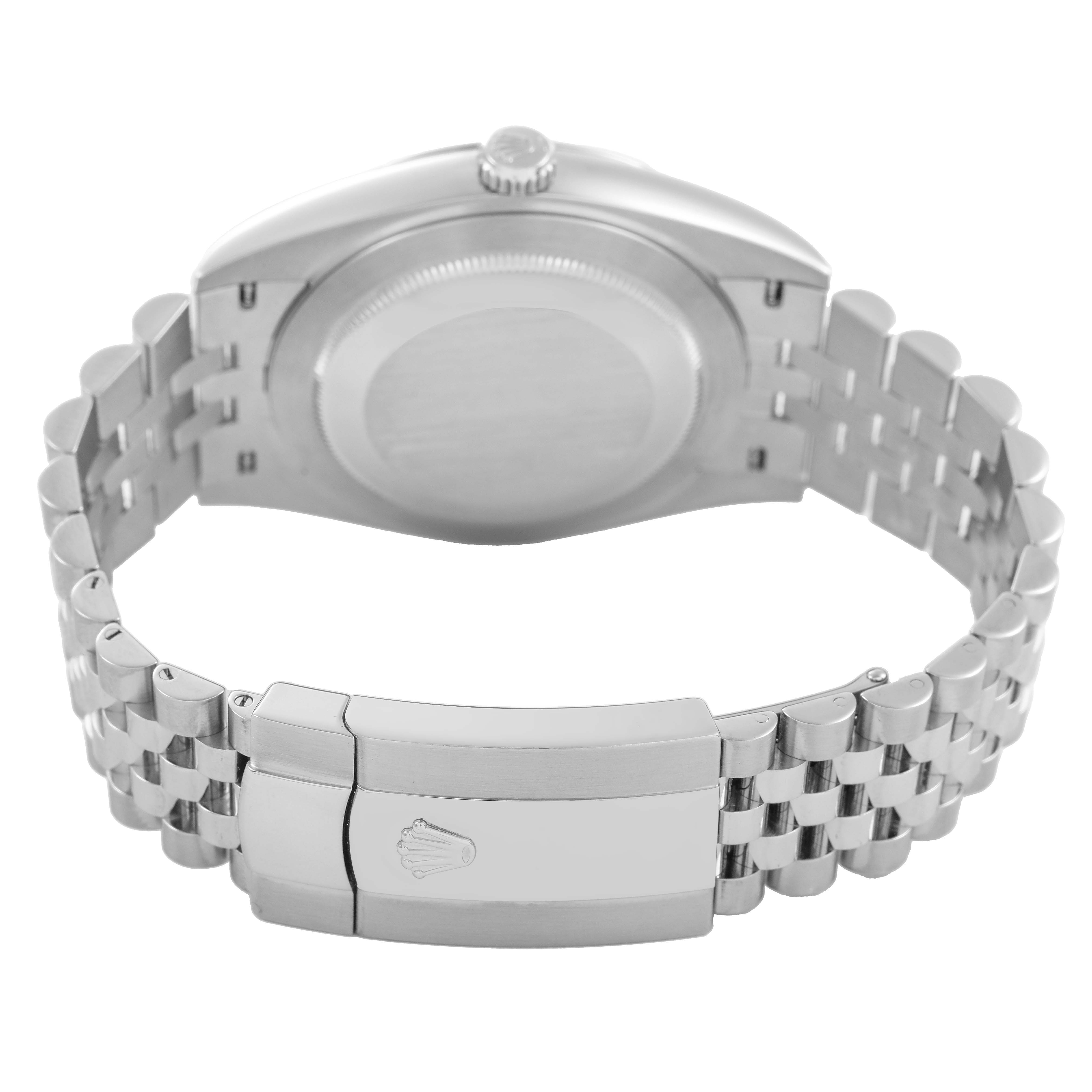 The image shows the backside of the Rolex Datejust 41 126300 Men's Stainless Steel Blue Dial, highlighting the case back, bracelet, and clasp.