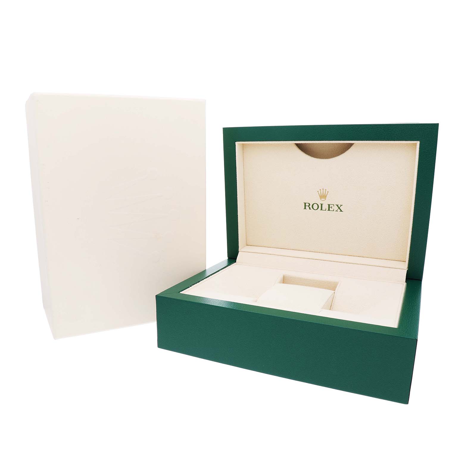 The image shows an open green and cream Rolex box for the Datejust 41 model, viewed from the front angle.