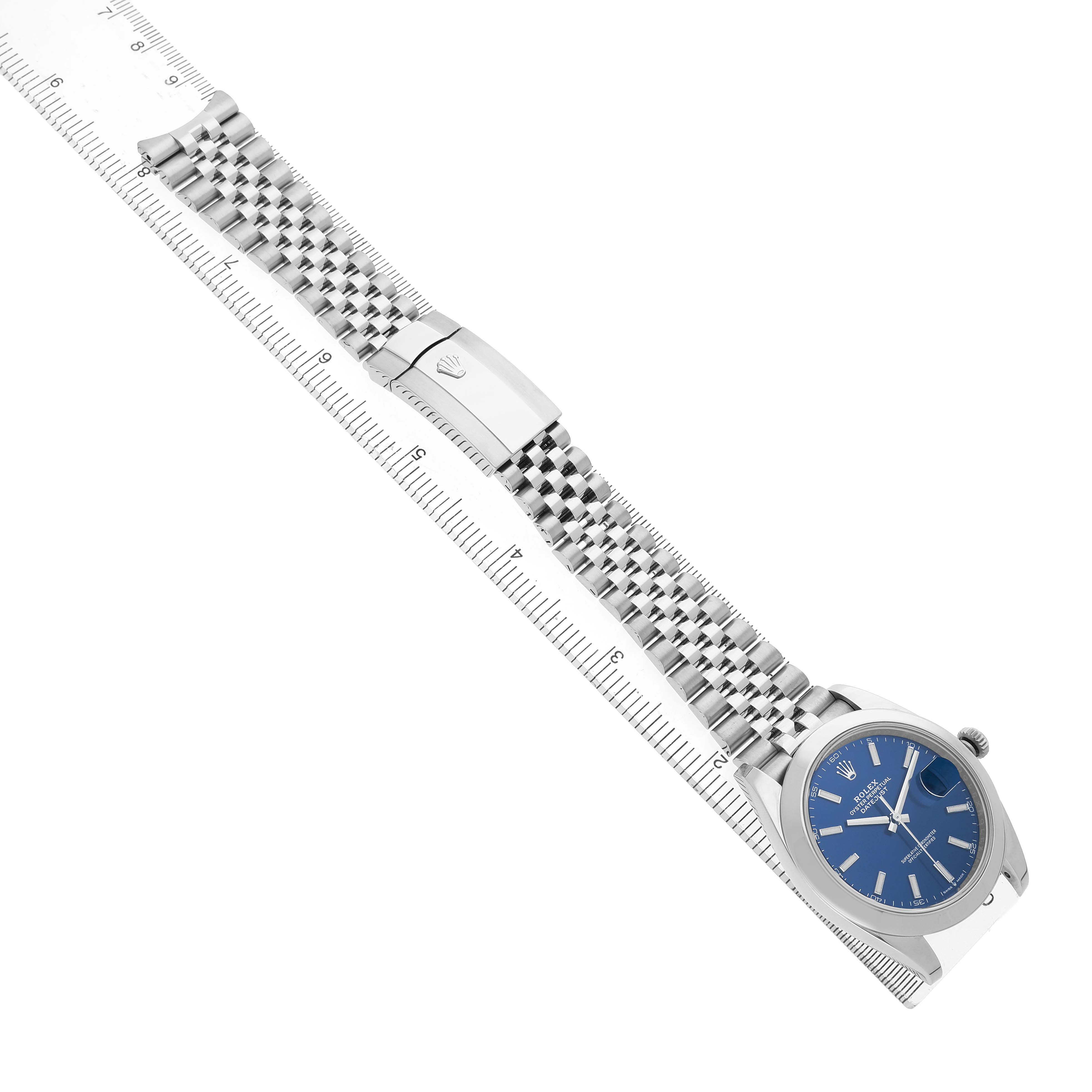 The Rolex Datejust 41 126300 Men's Stainless Steel Blue Dial watch is shown at an angle, highlighting the blue dial, Jubilee bracelet, clasp, and partially visible case.