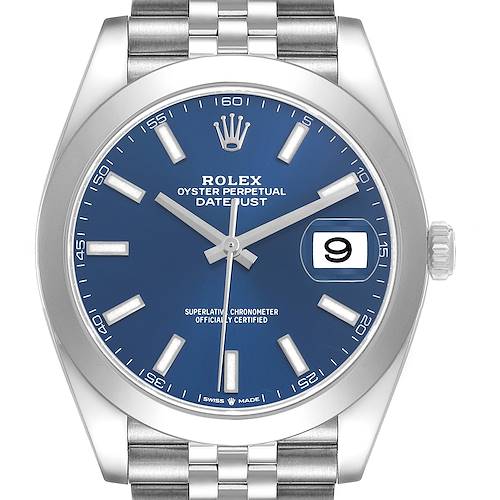The Rolex Datejust 41 126300 Men's Stainless Steel Blue Dial is shown in a frontal view, displaying the blue dial, hands, date window, and part of the bracelet.