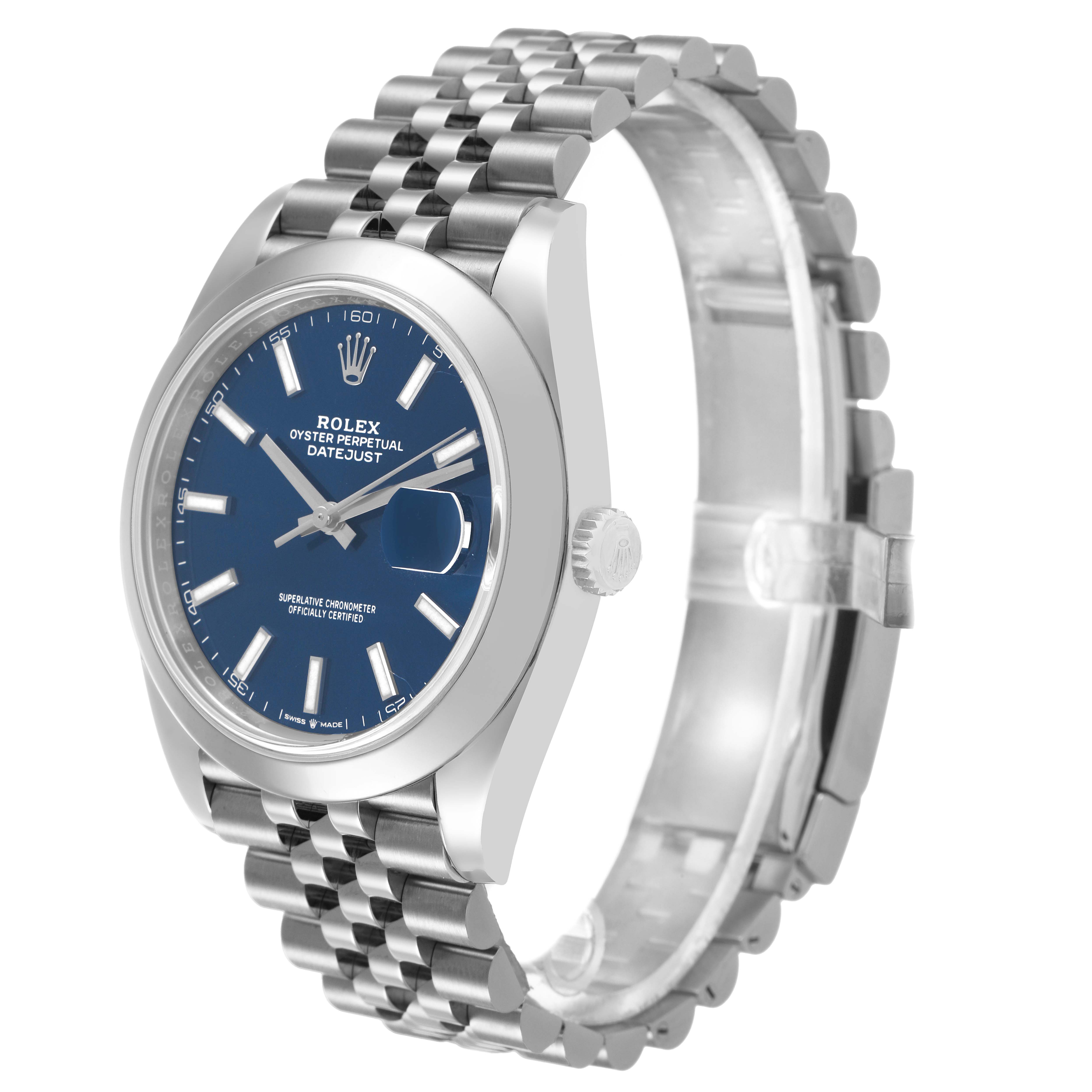The Rolex Datejust 41 126300 Men's Stainless Steel Blue Dial is shown at a three-quarter angle highlighting the face, bezel, crown, and bracelet.