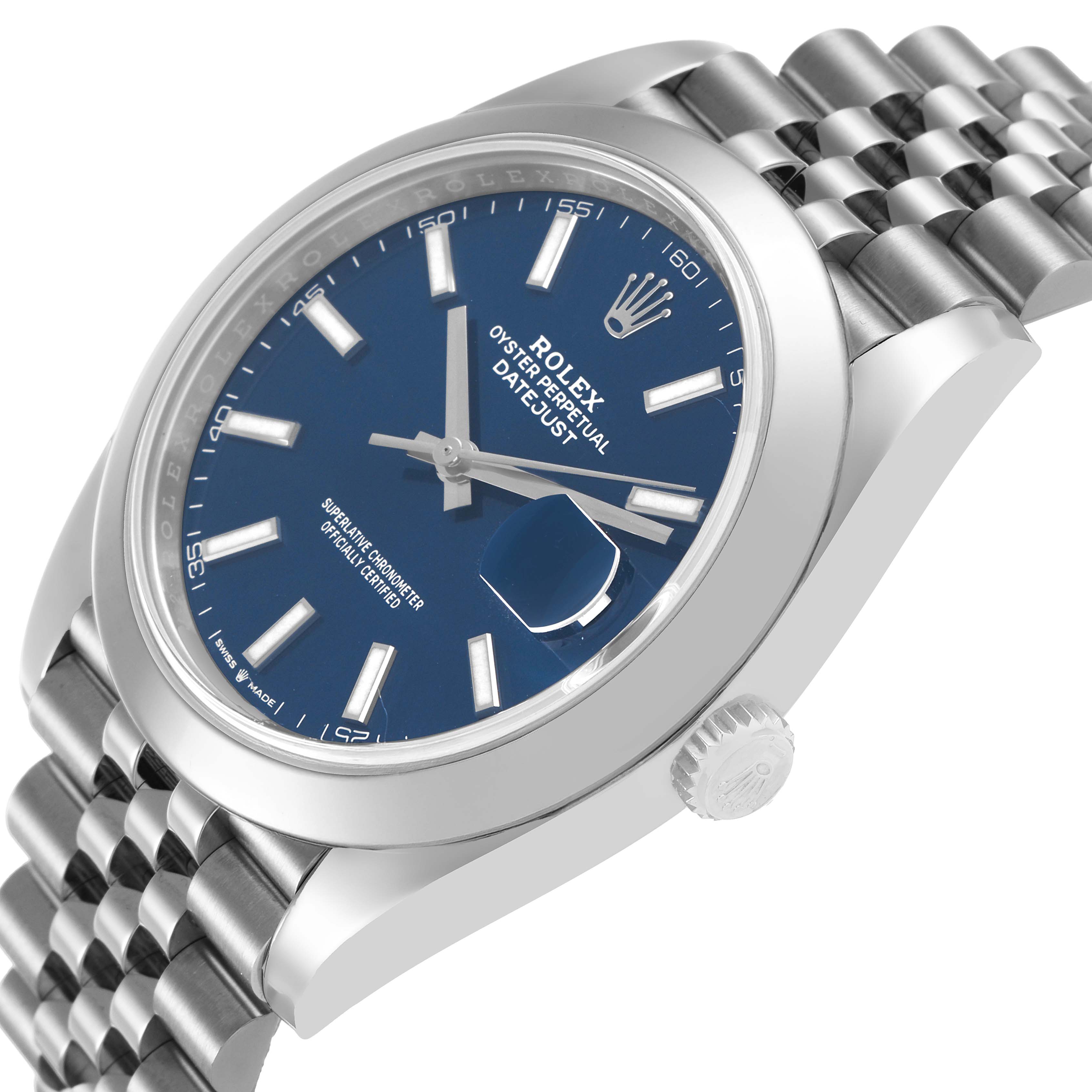 The Rolex Datejust 41 126300 Men's Stainless Steel Blue Dial is shown at a slight angle, highlighting the blue dial, Jubilee bracelet, and Cyclops lens over the date.