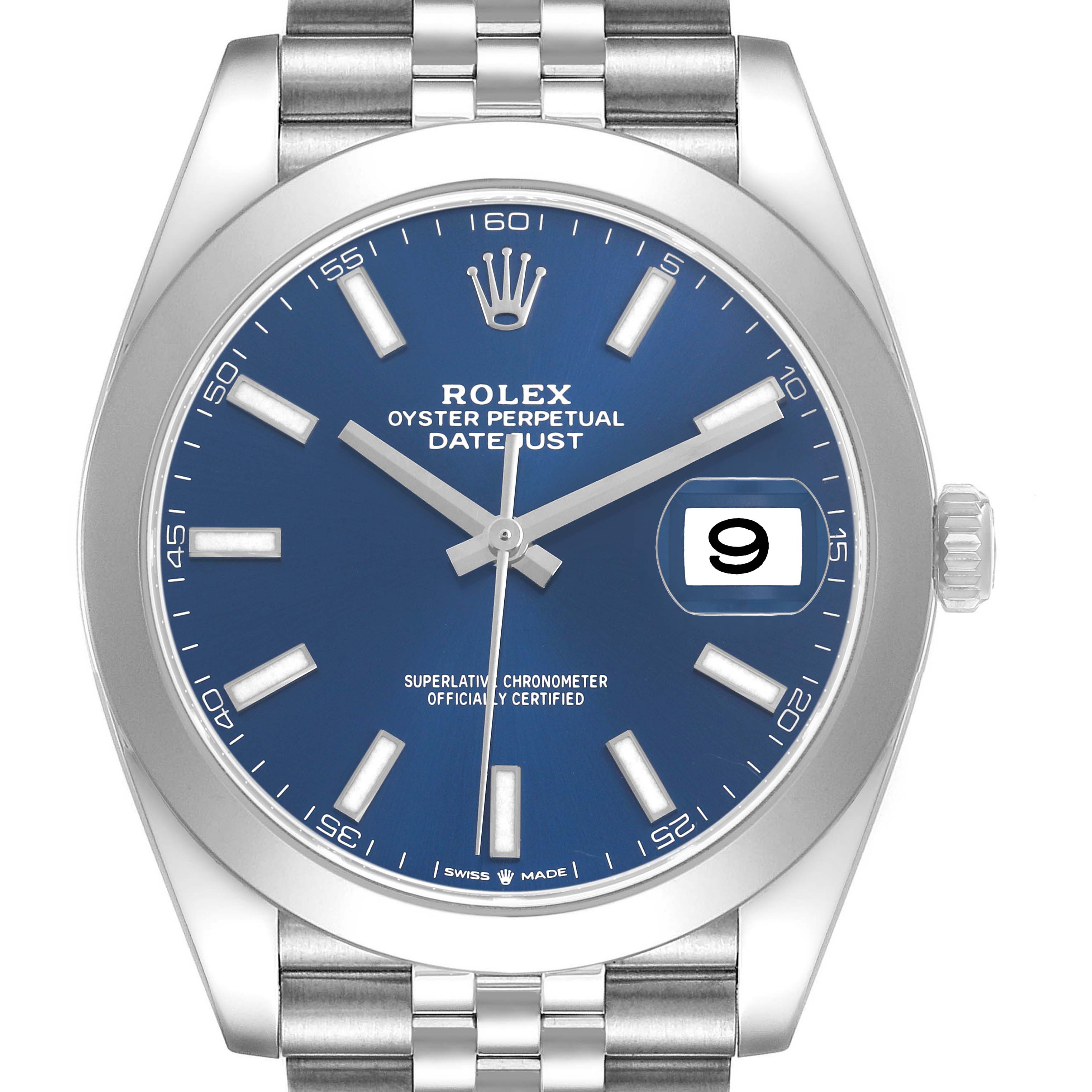 The Rolex Datejust 41 126300 Men's Stainless Steel Blue Dial is shown from the front, highlighting the blue dial, date window, markers, and Jubilee bracelet.