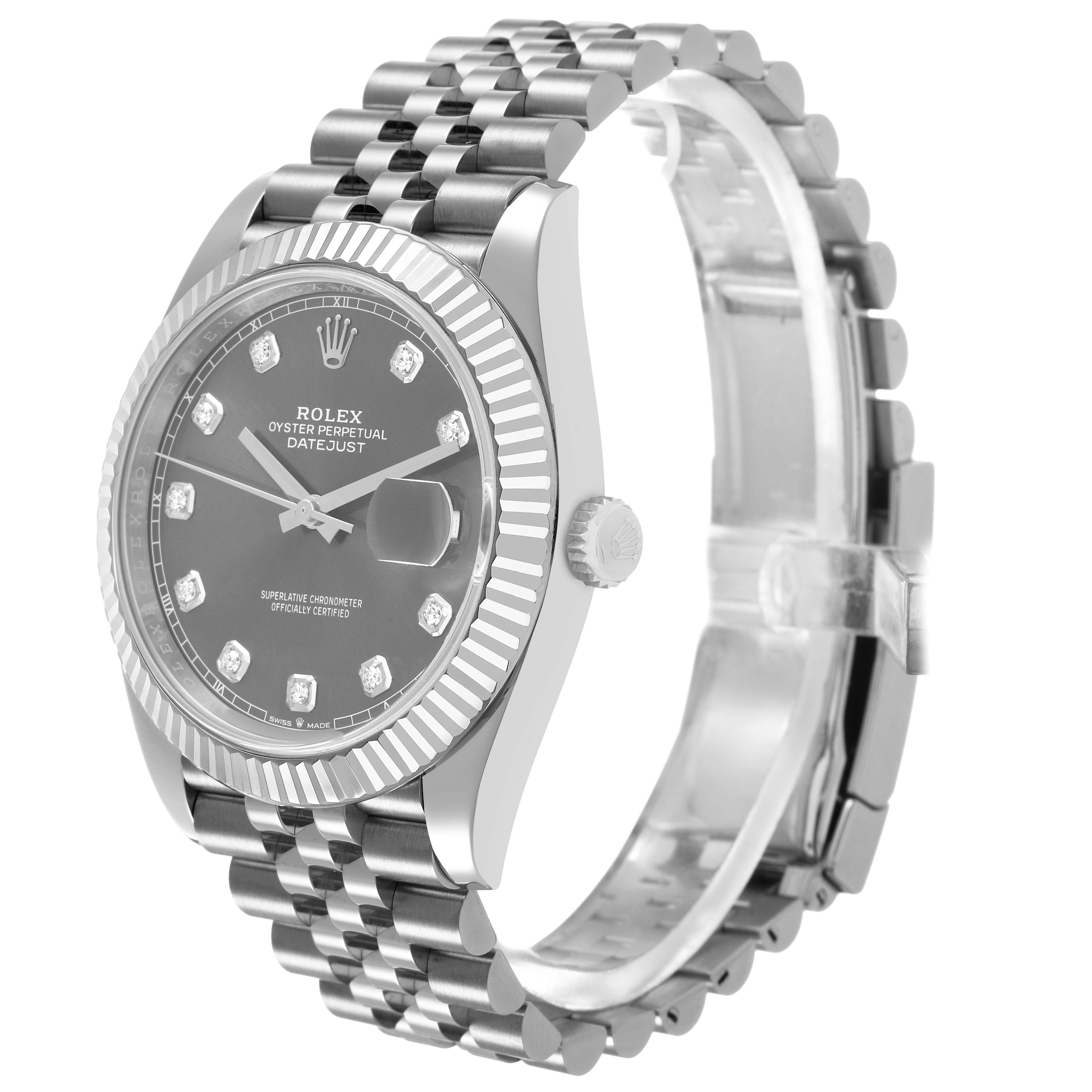 The Rolex Datejust 41 126334 Men's Stainless Steel Grey Dial is shown from a three-quarter angle, highlighting the dial, bezel, crown, and bracelet.