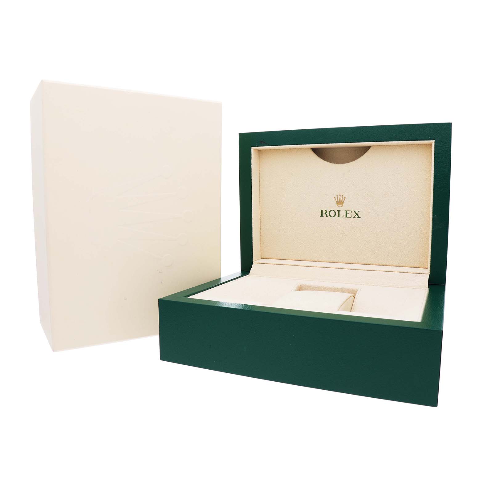 The image shows a Rolex Datejust 41 126334 Men's Stainless Steel Grey Dial model box, featuring the open green outer box with the interior cream-colored cushion area.