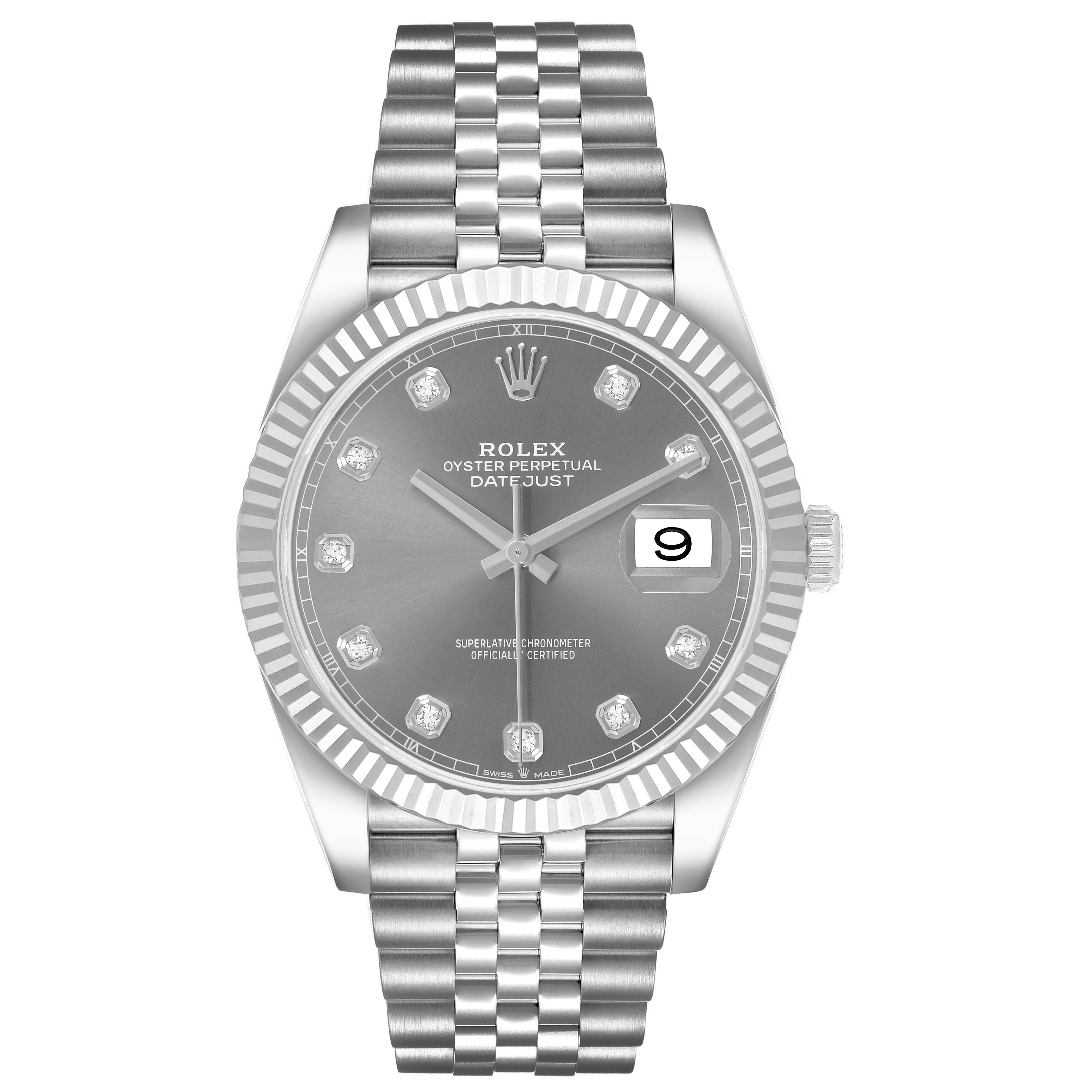 The Rolex Datejust 41 126334 Men's Stainless Steel Grey Dial is shown from a front angle, displaying its fluted bezel, jubilee bracelet, and date feature.
