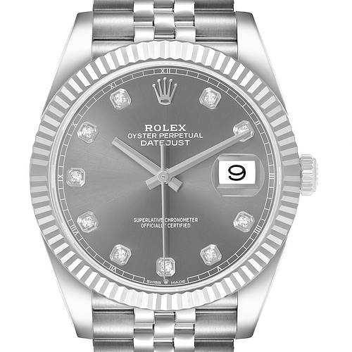 The Rolex Datejust 41 126334 Men's Stainless Steel Grey Dial watch is shown from the front, highlighting the dial, bezel, markers, and a partial view of the bracelet.