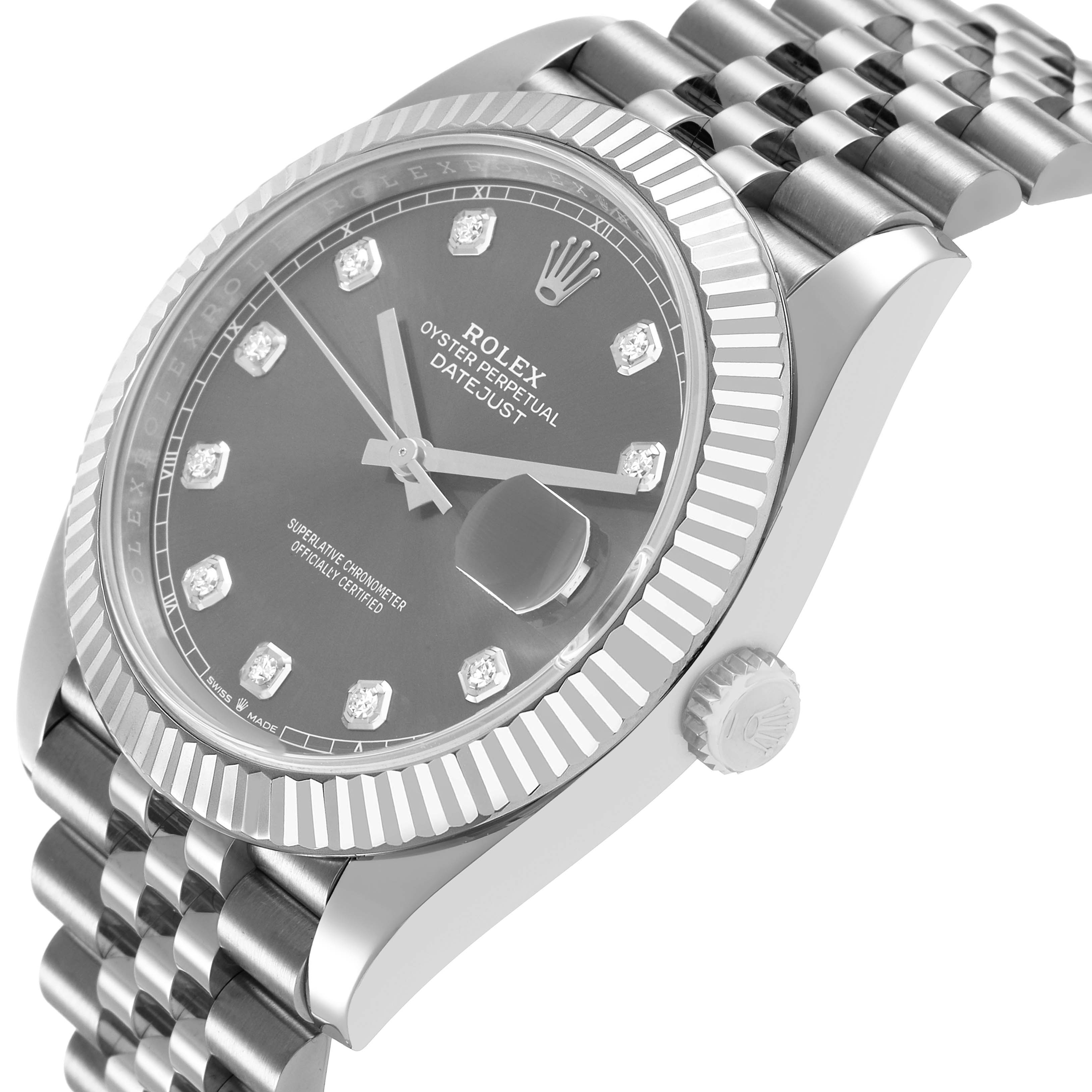 The Rolex Datejust 41 126334 Men's Stainless Steel Grey Dial is shown from an angled side view displaying the dial, fluted bezel, crown, and part of the bracelet.