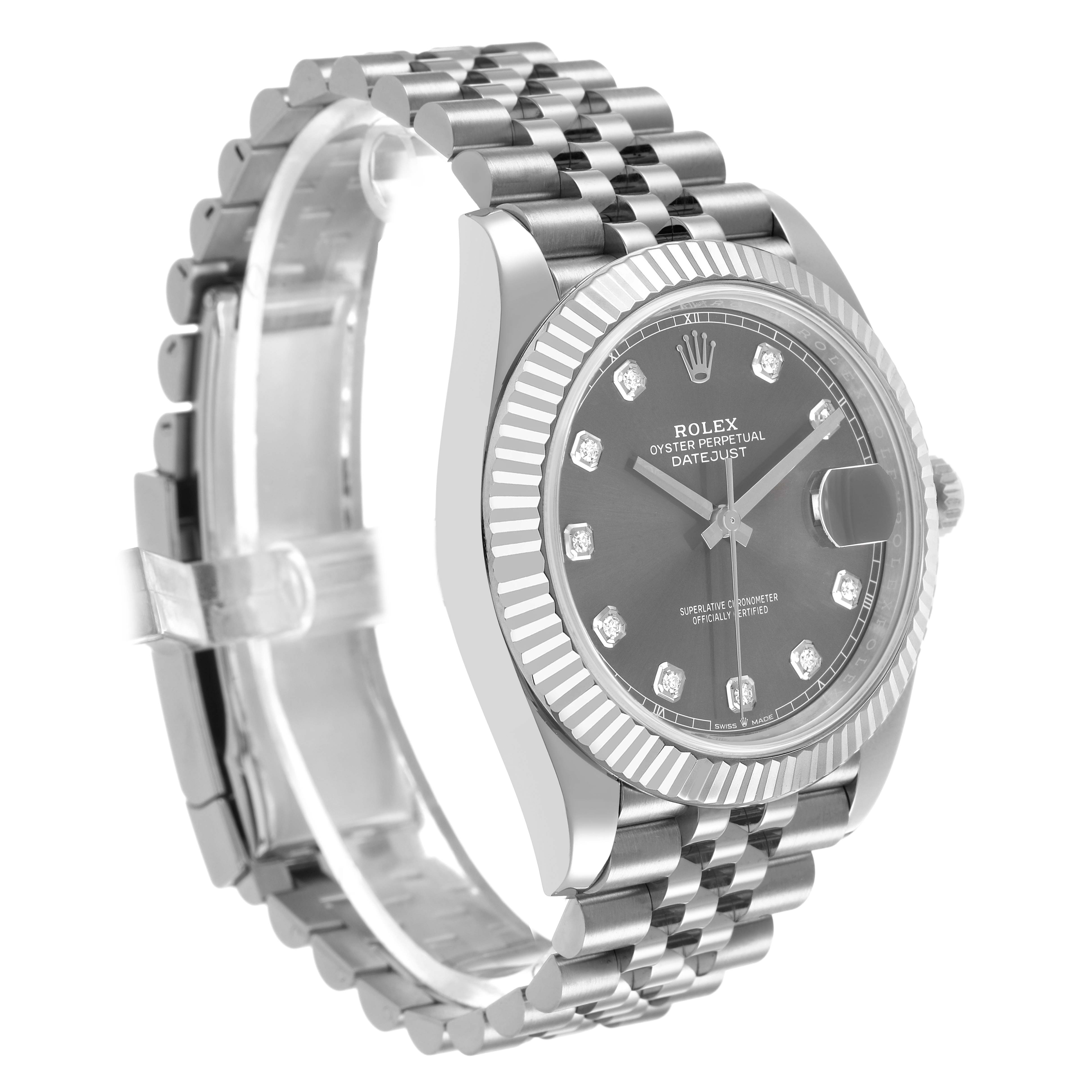 The Rolex Datejust 41 126334 Men's Stainless Steel Grey Dial is shown at a three-quarter angle, highlighting the dial, fluted bezel, and Jubilee bracelet.