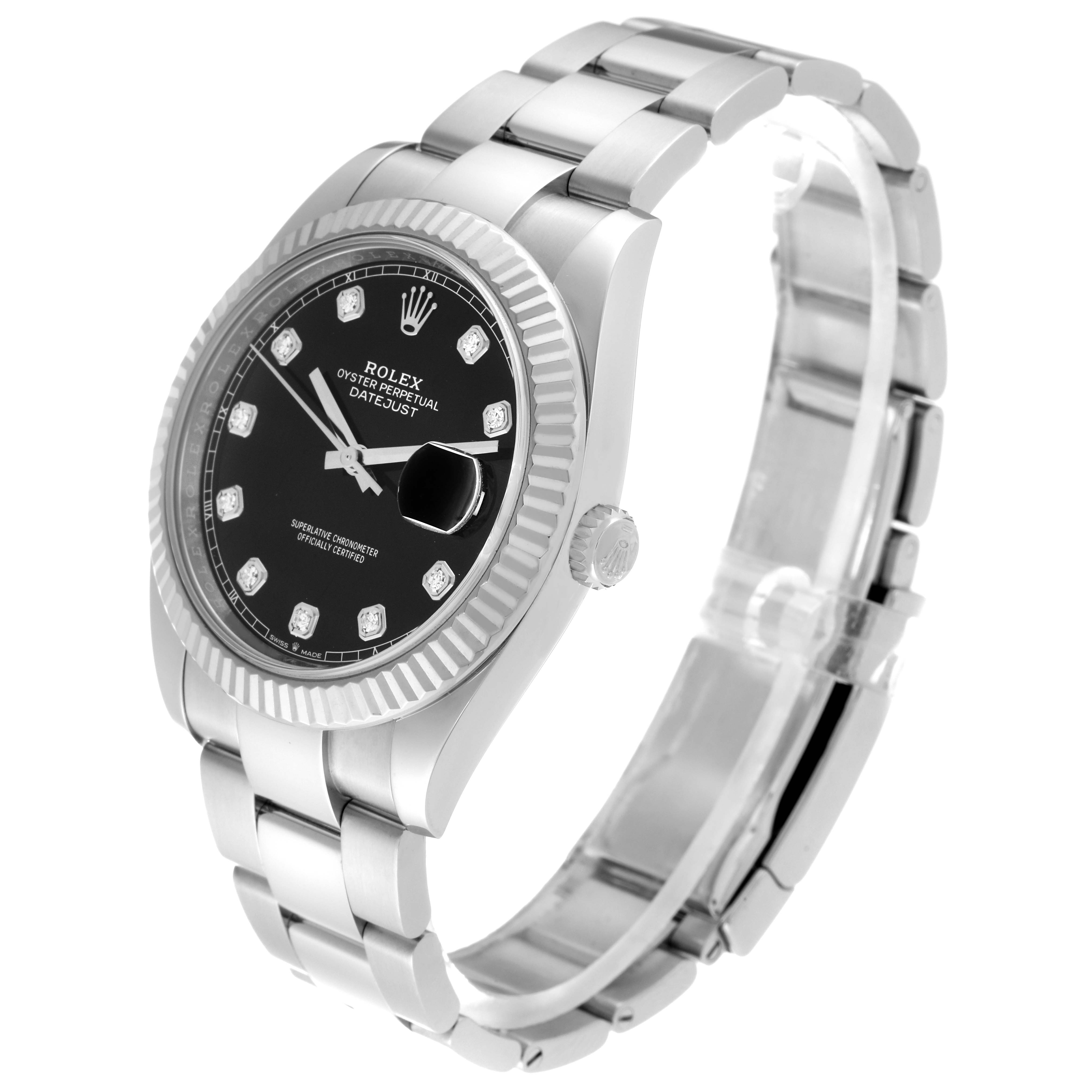 The Rolex Datejust 41 126334 Men's Stainless Steel Black Dial 126334 Men's Stainless Steel Black Dial watch is shown from a three-quarter angle, highlighting its face, bracelet, and clasp.
