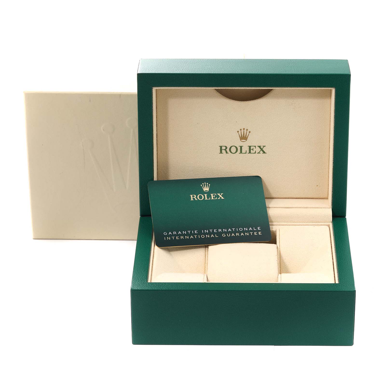 This image shows the open box and international guarantee card for the Rolex Datejust 41 126334 Men's Stainless Steel Black Dial 126334 Men's Stainless Steel Black Dial model.