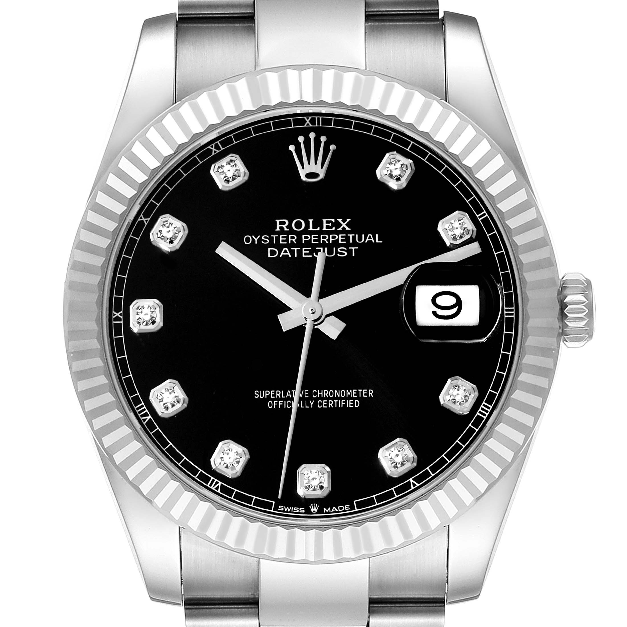 This Rolex Datejust 41 126334 Men's Stainless Steel Black Dial 126334 Men's Stainless Steel Black Dial watch is shown from a front angle, displaying its black dial, fluted bezel, and diamond hour markers.