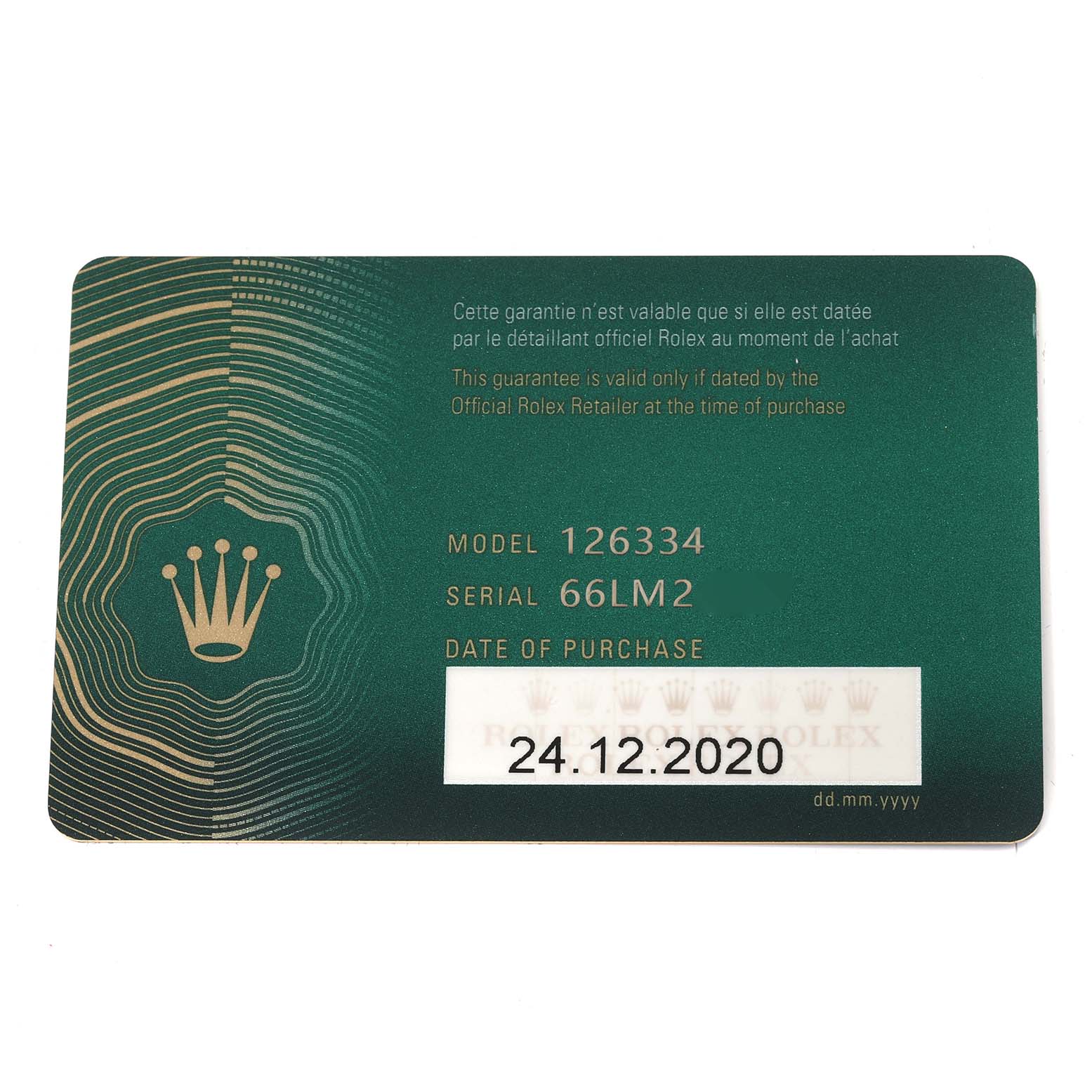 This image shows a warranty card for the Rolex Datejust 41 126334 Men's Stainless Steel Black Dial 126334 Men's Stainless Steel Black Dial model, displaying the model number, serial number, and date of purchase.