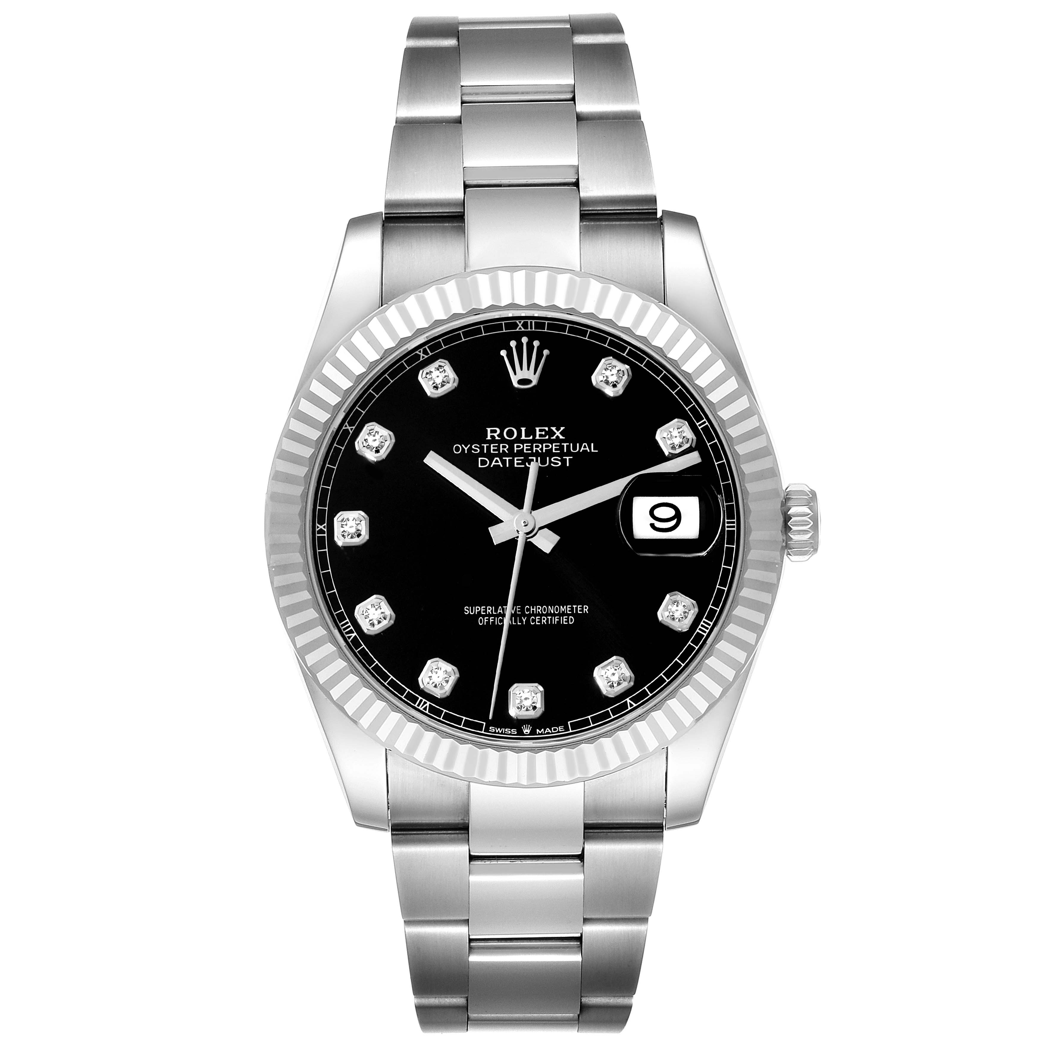 The image shows a front view of a Rolex Datejust 41 126334 Men's Stainless Steel Black Dial 126334 Men's Stainless Steel Black Dial watch, including the face, bezel, dial, hands, and bracelet.
