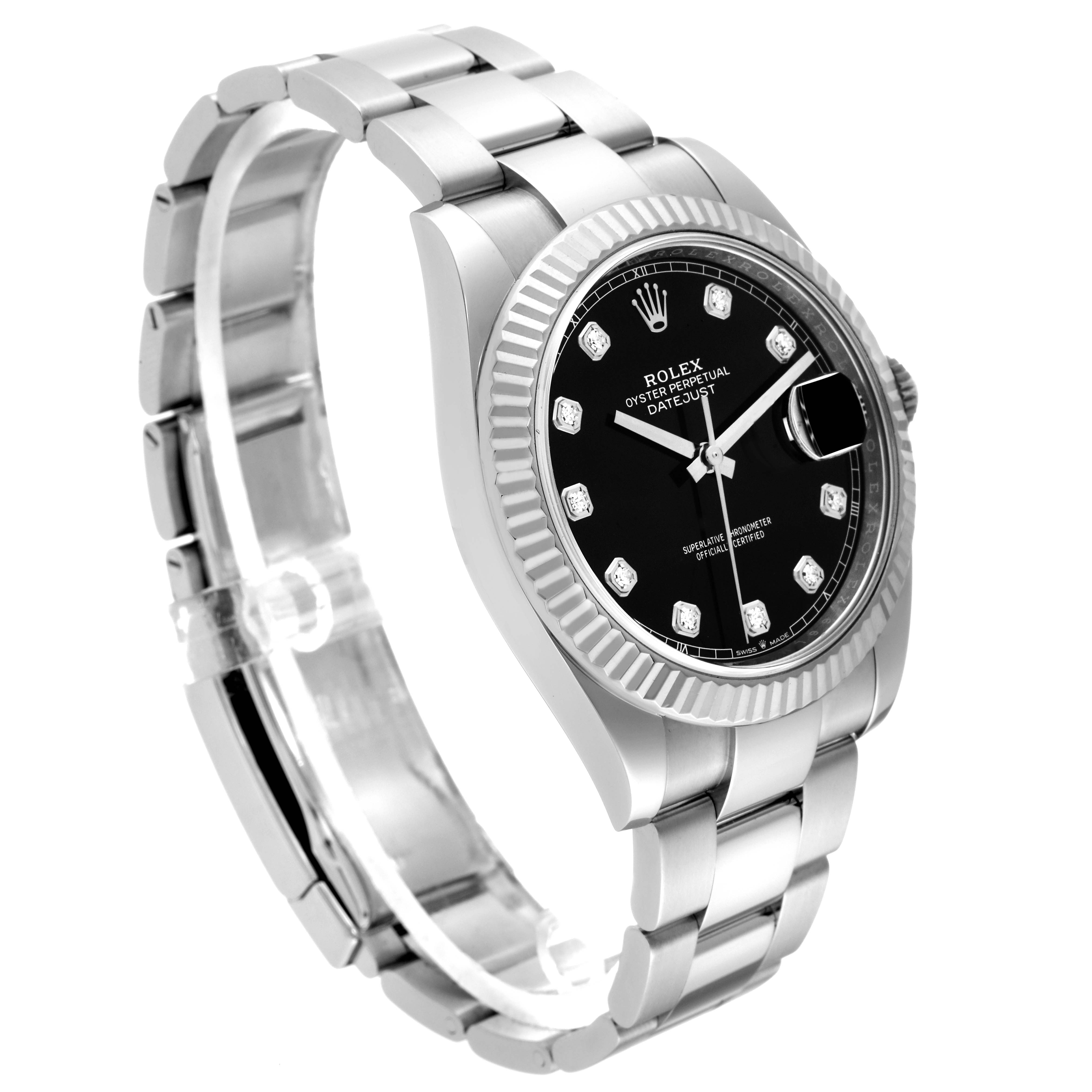 The image shows a Rolex Datejust 41 126334 Men's Stainless Steel Black Dial 126334 Men's Stainless Steel Black Dial model at a three-quarter angle, showcasing the black dial, diamond hour markers, fluted bezel, and silver bracelet.