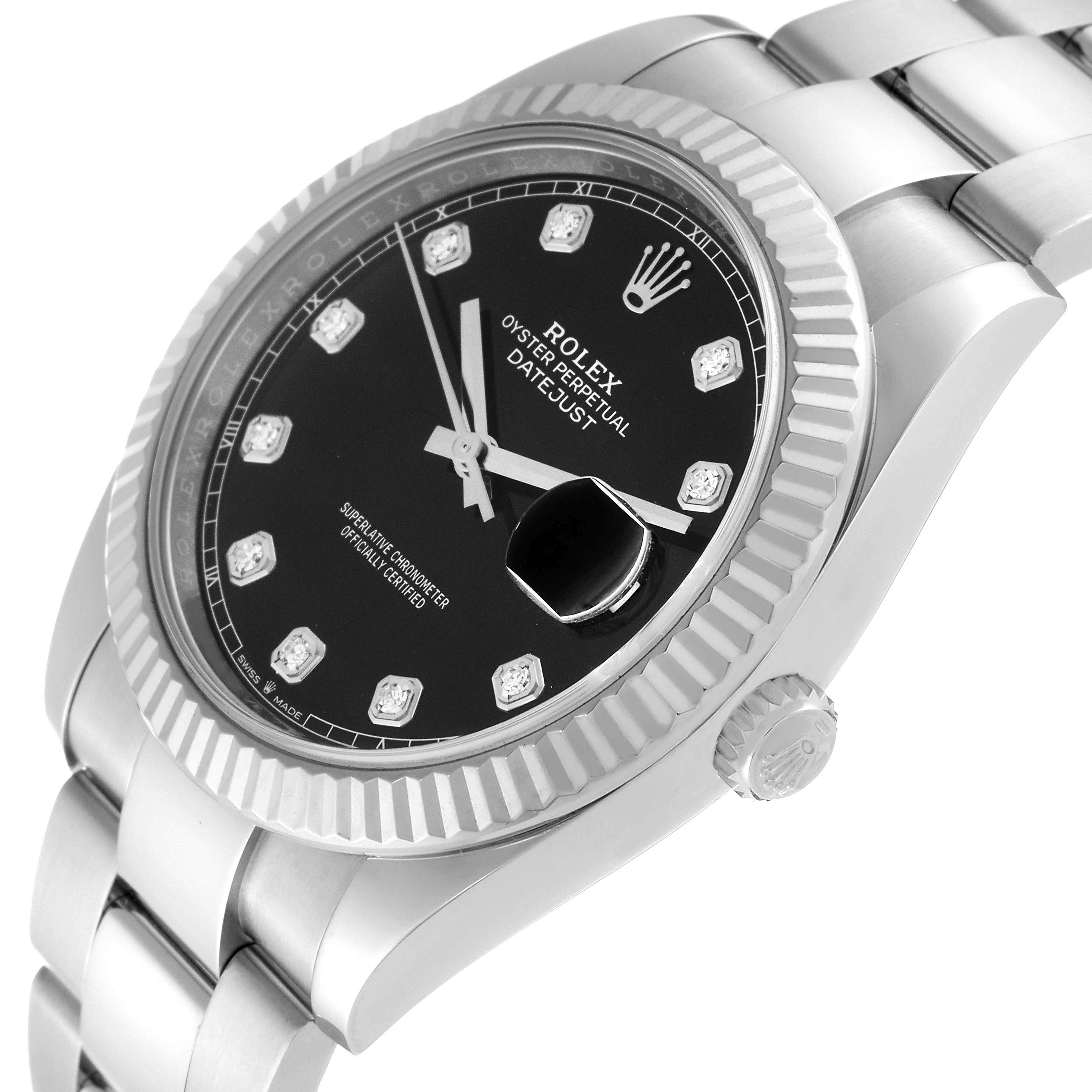 The image shows a Rolex Datejust 41 126334 Men's Stainless Steel Black Dial 126334 Men's Stainless Steel Black Dial watch at a three-quarter angle, highlighting its bezel, dial, bracelet, and crown.